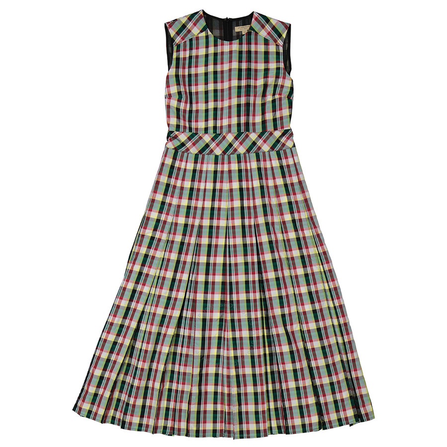 Burberry Burberry Sleeveless Pleat Detail Check Georgette Pine Green Dress  | jomashop | REVERSIBLE