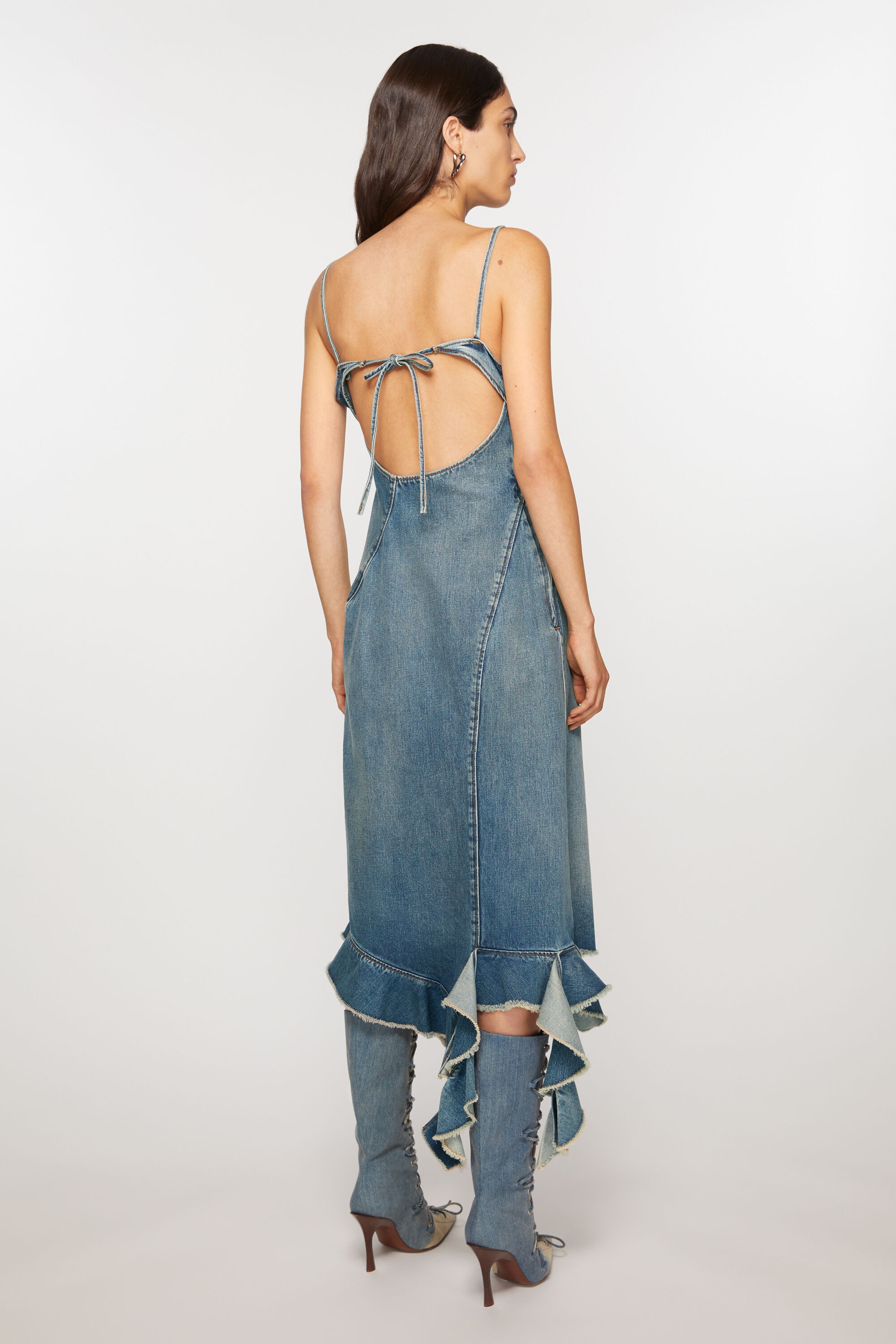 Ruffle strap denim dress - Mid Blue - 4