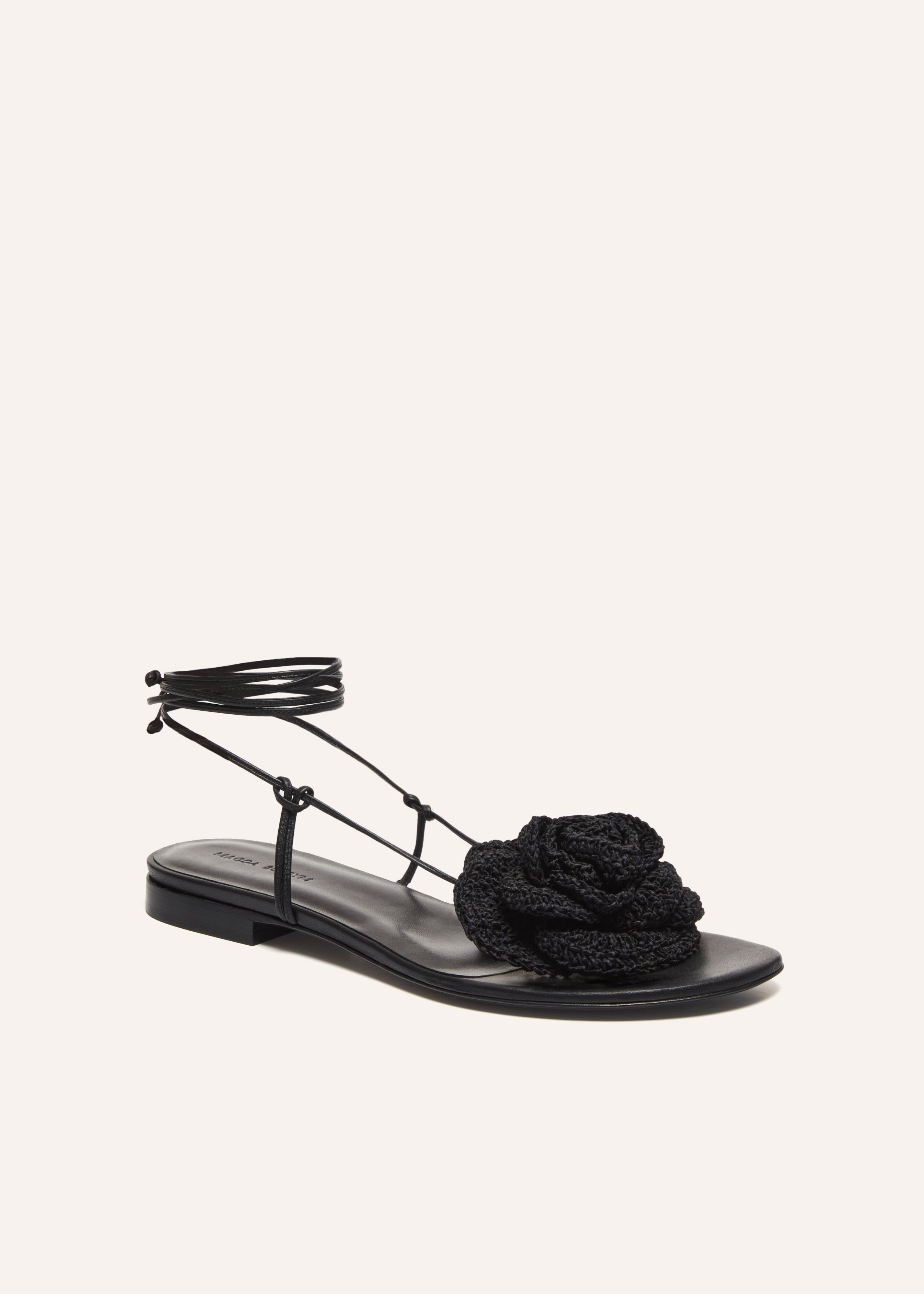 Wrap around flat flower sandals in black crochet - 2