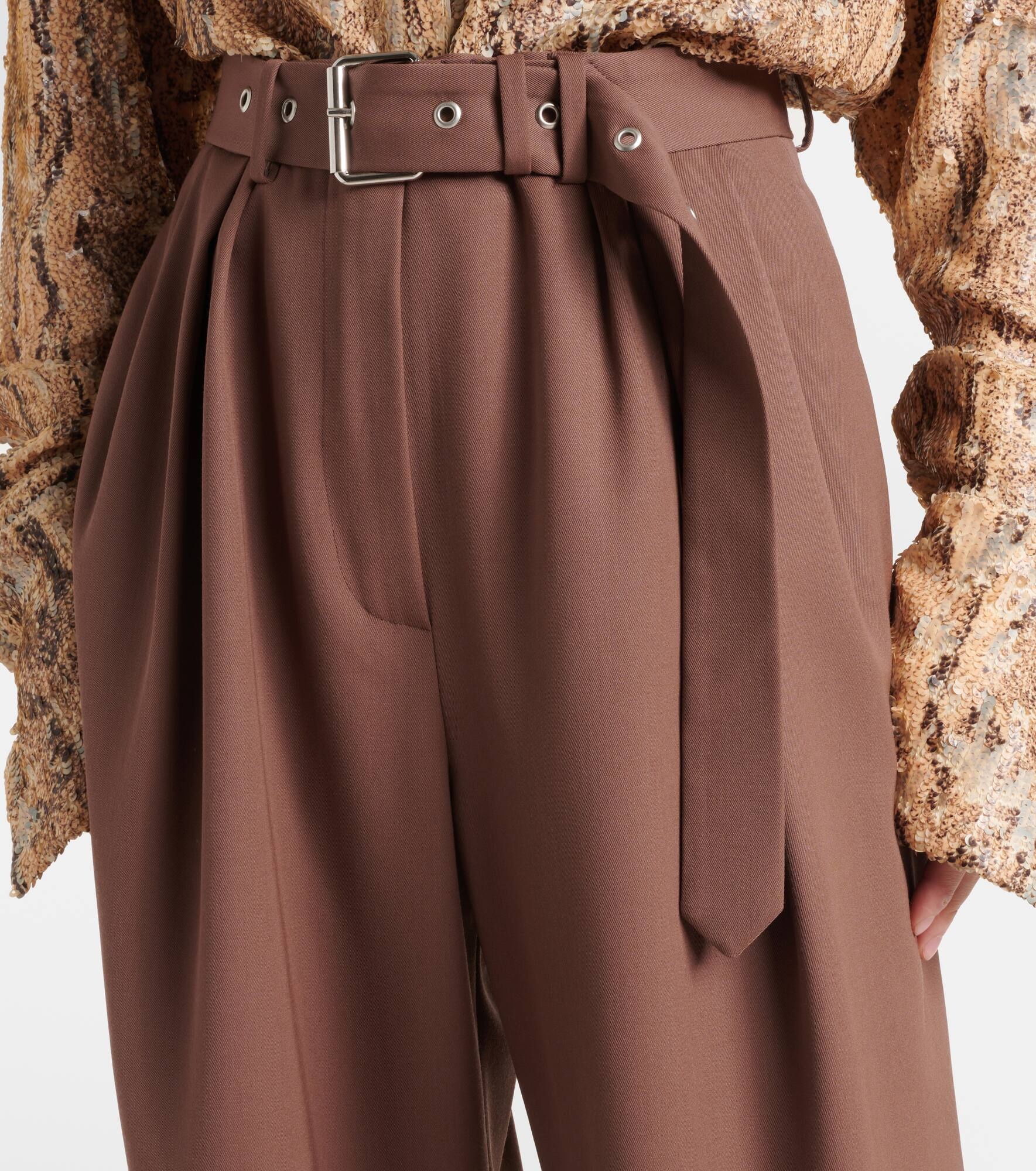 Belted wool gabardine wide-leg pants - 4