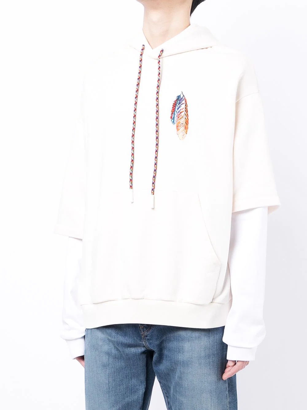 feather embroidery layered-sleeve hoodie - 3