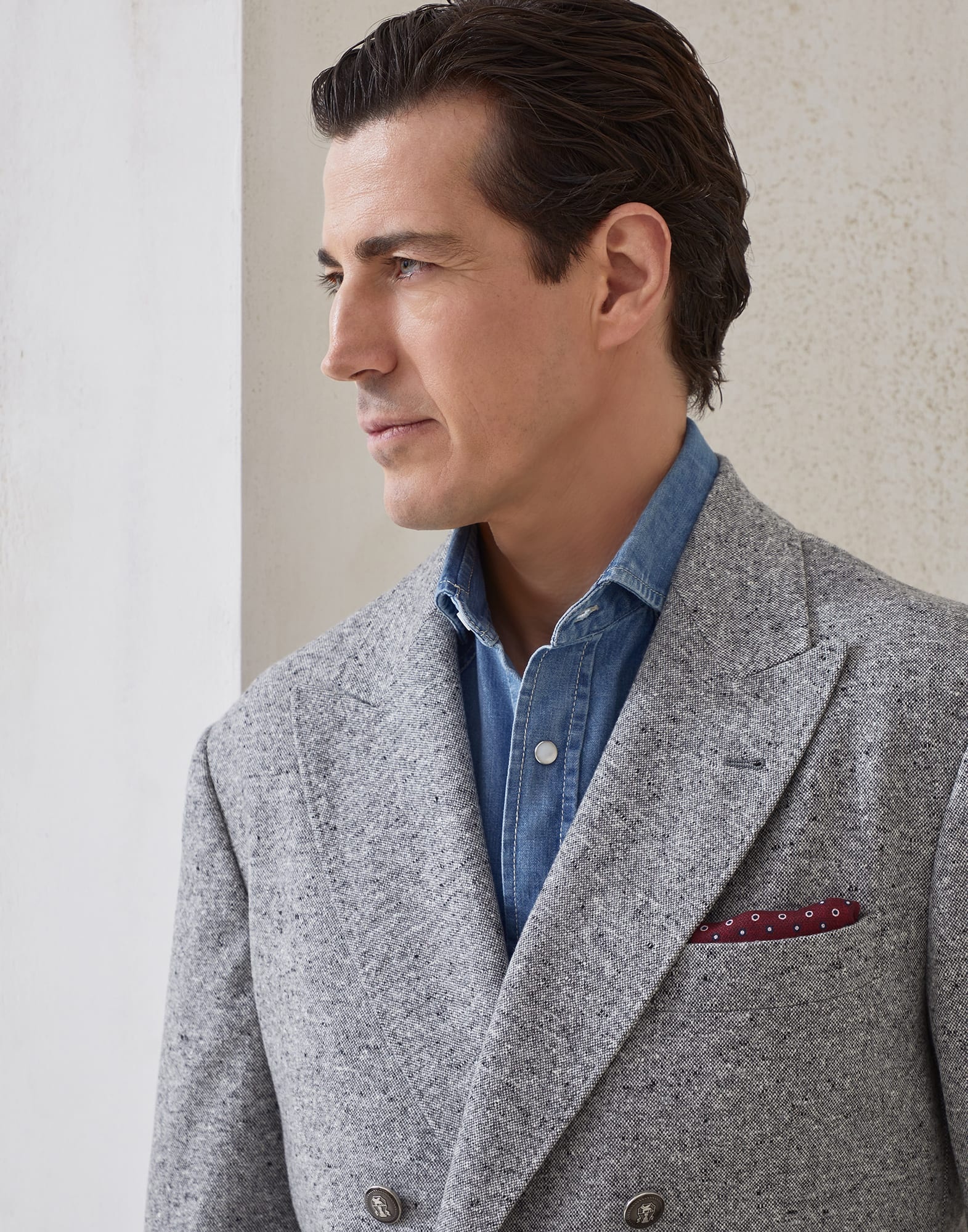 Wool and cashmere flecked grisaille one-and-a-half breasted deconstructed blazer with patch pockets  - 3