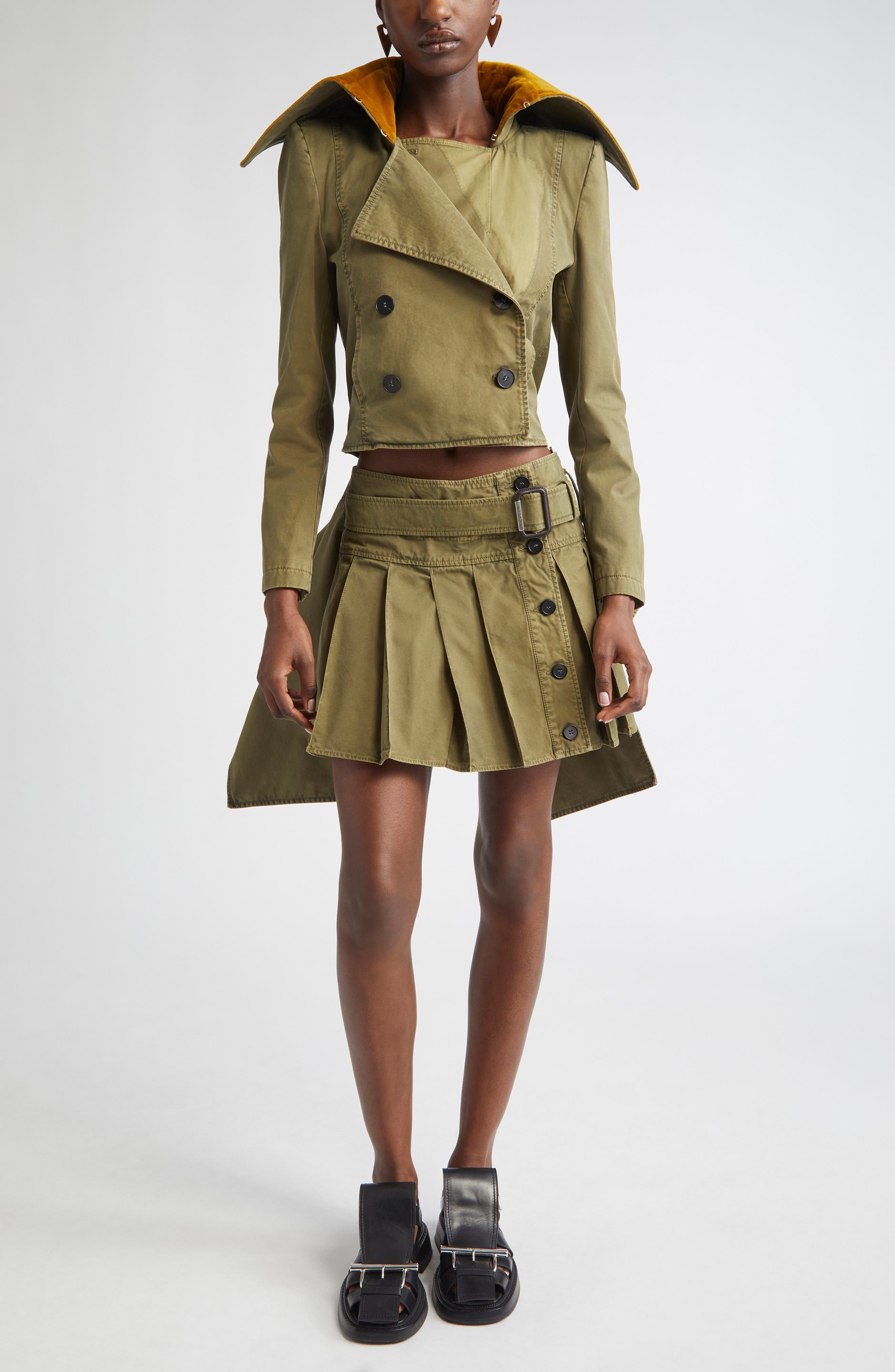 McQueen Velvet Collar Double Breasted Twill Peplum Jacket in Khaki at Nordstrom - 2