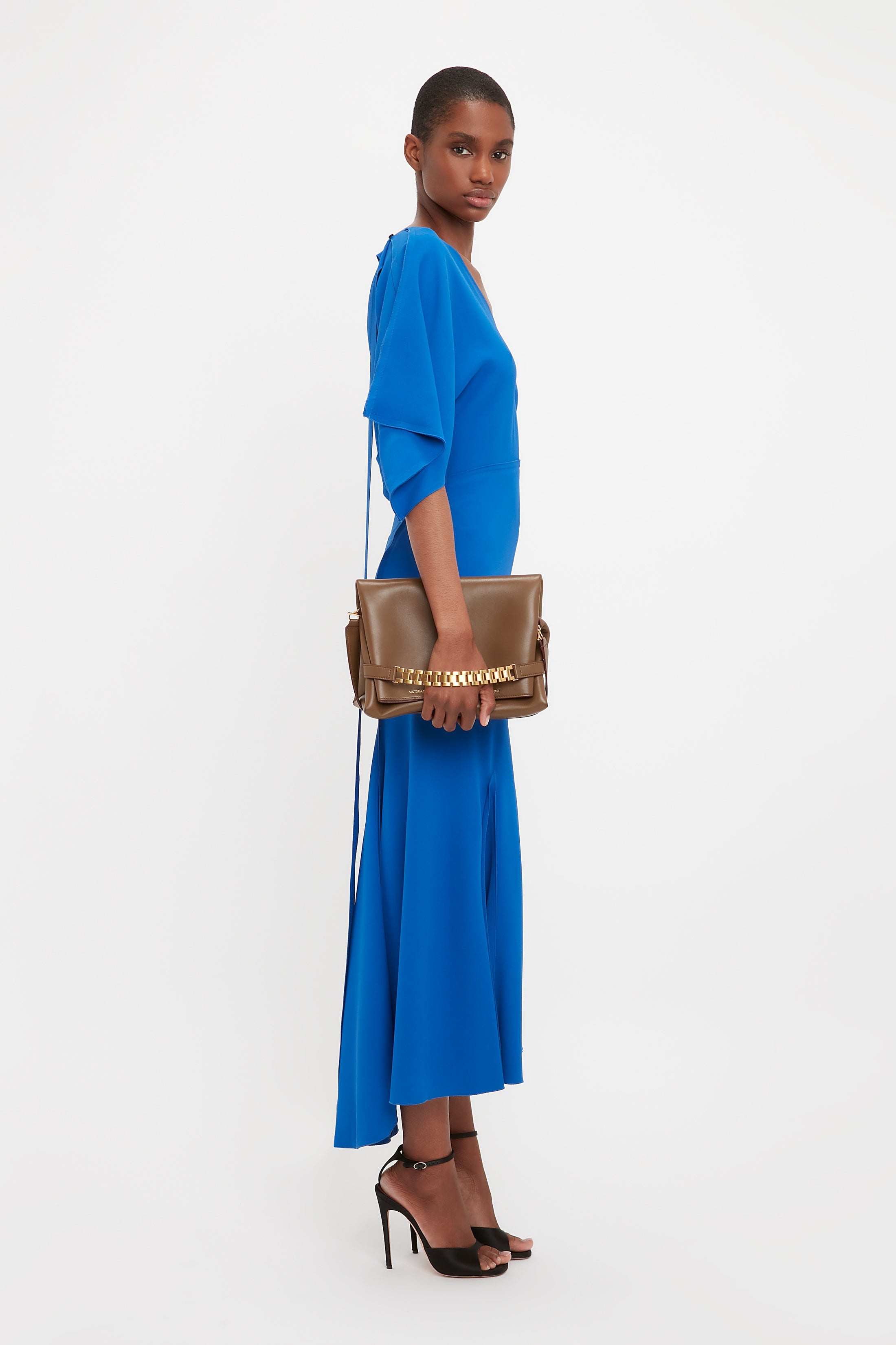 V-Neck Bias Godet Dress In Bright Blue - 5