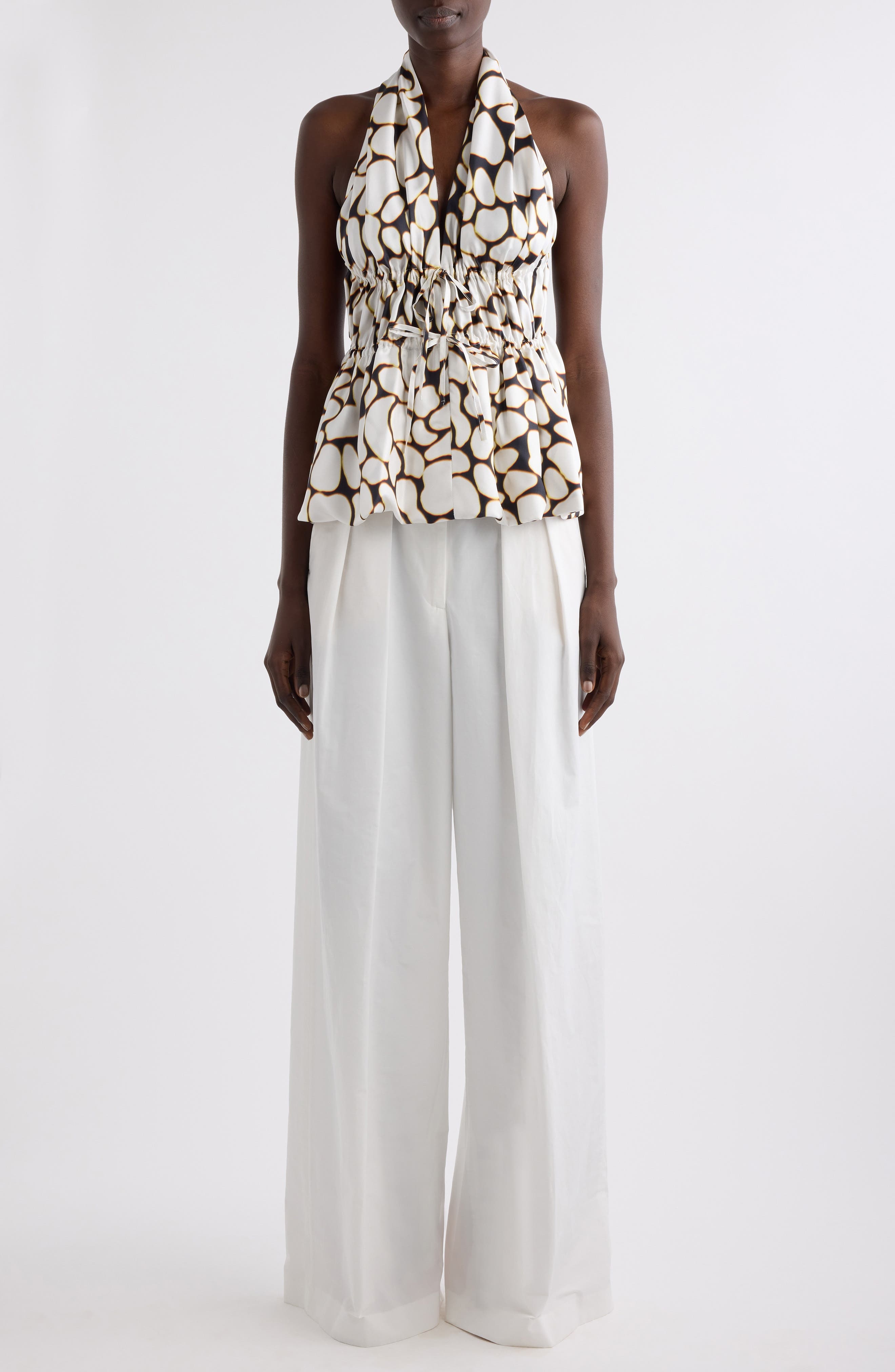 Dries Van Noten Ceana Print Ruched Silk Halter Top in Off White at Nordstrom - 2