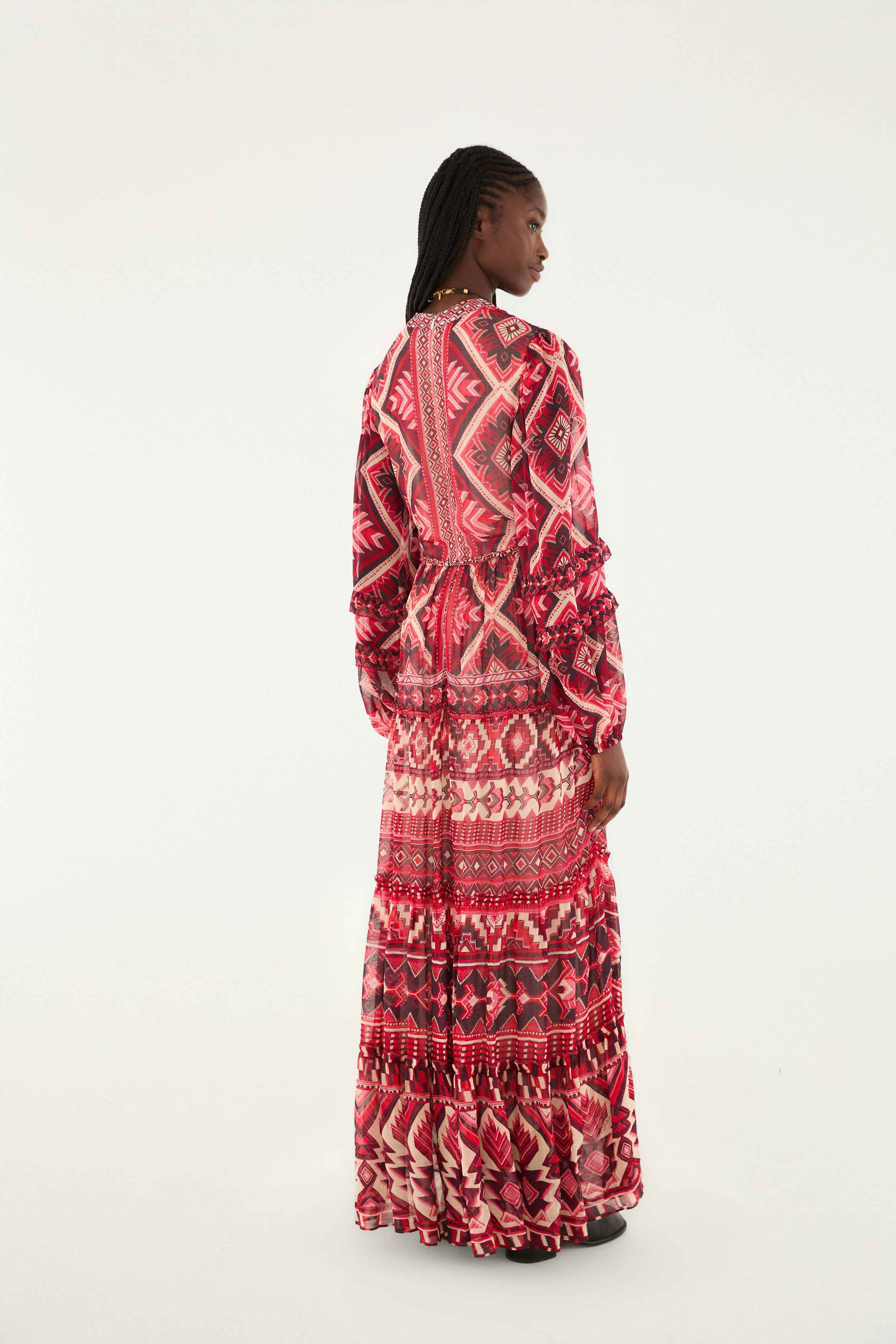 Red Graphic Ainika Belted Tiered Maxi Dress - 4