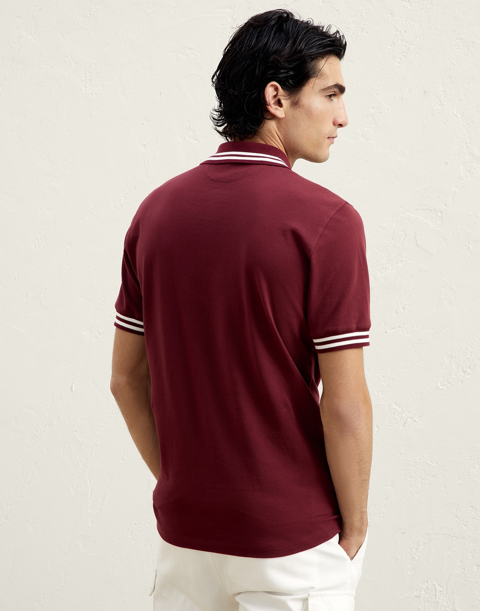 Cotton piqué slim fit polo shirt with striped knit details - 2