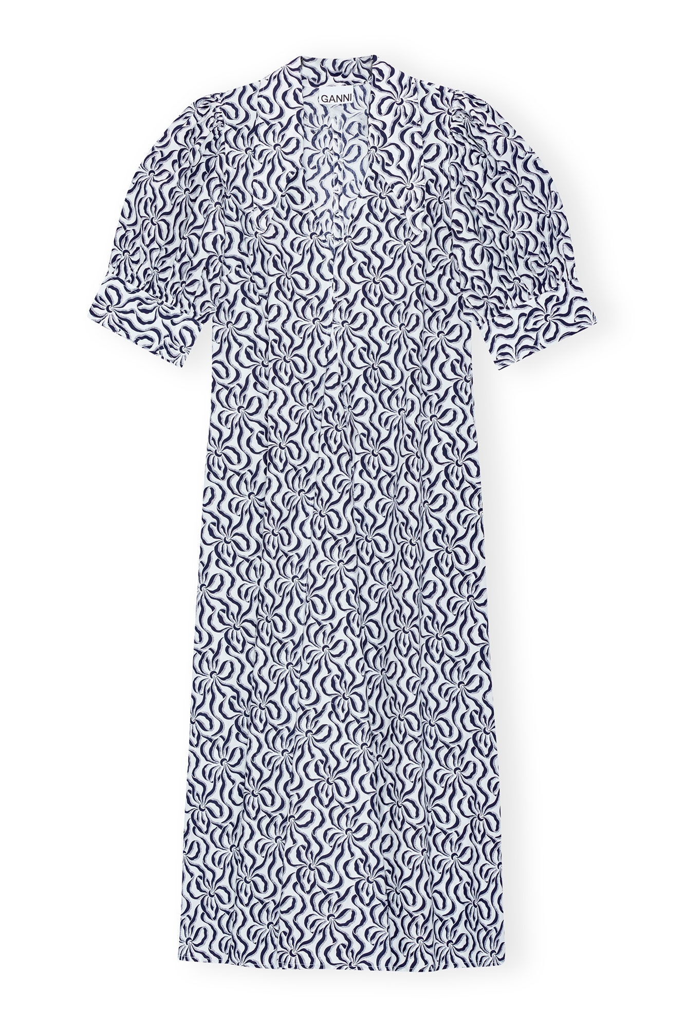 PRINTED COTTON POPLIN V-NECK LONG DRESS - 1