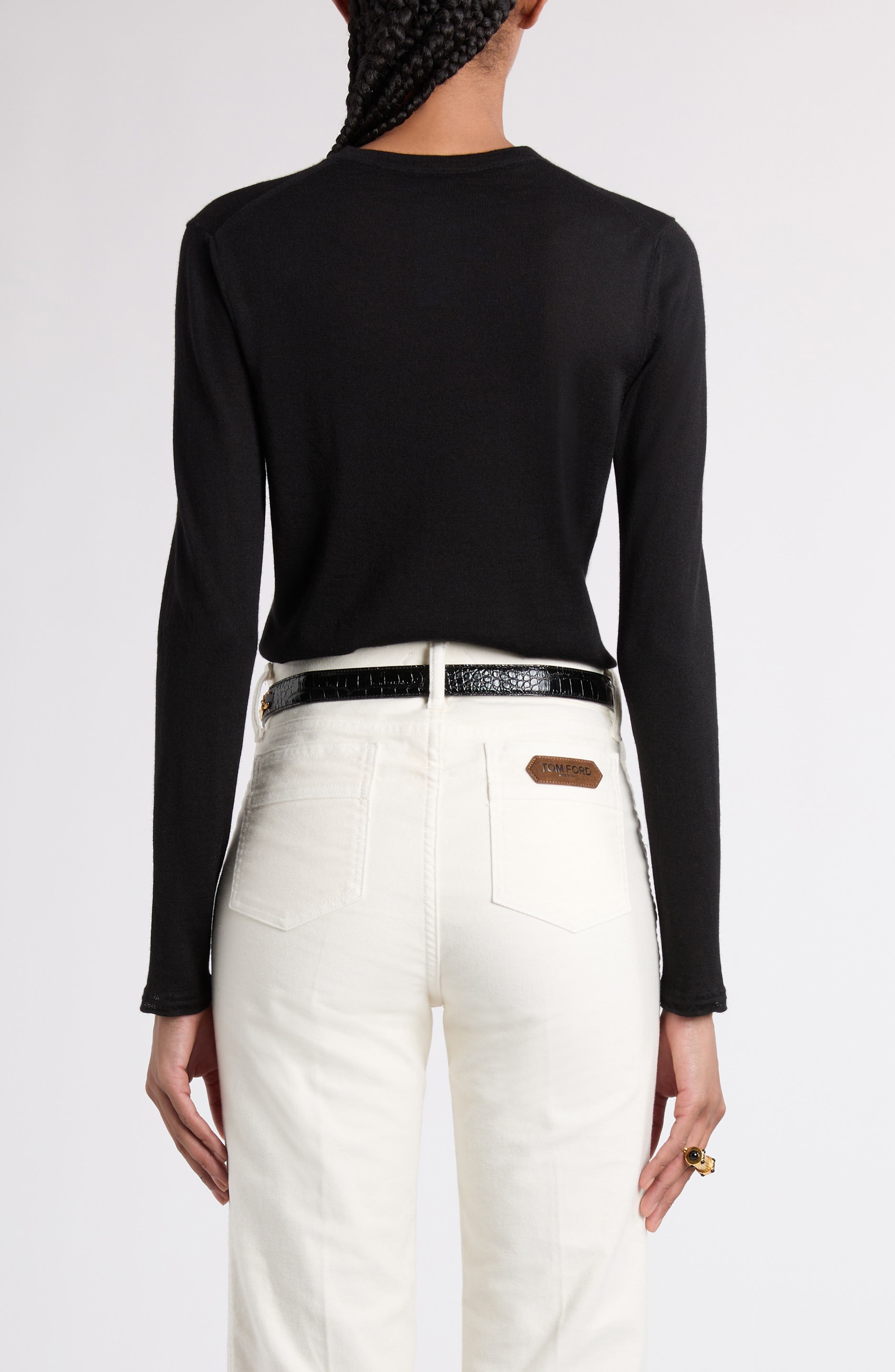 TOM FORD Fine Gauge Cashmere & Silk Crewneck Sweater in Lb999 Black at Nordstrom - 3