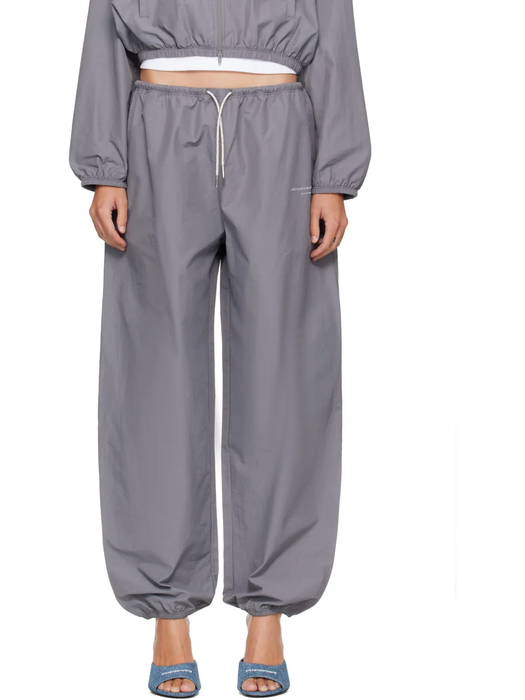 Gray Mid-Rise Rhinestone Drawcord Track Pants - 1