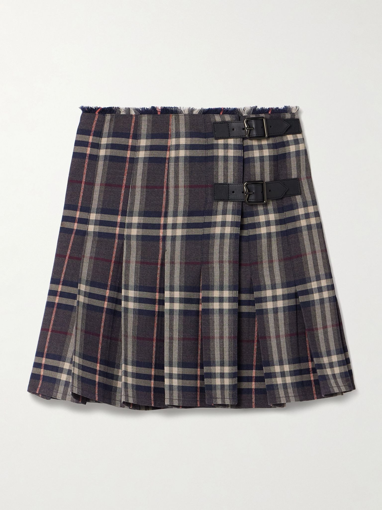 Leather-trimmed pleated checked wool mini skirt Multi - 1