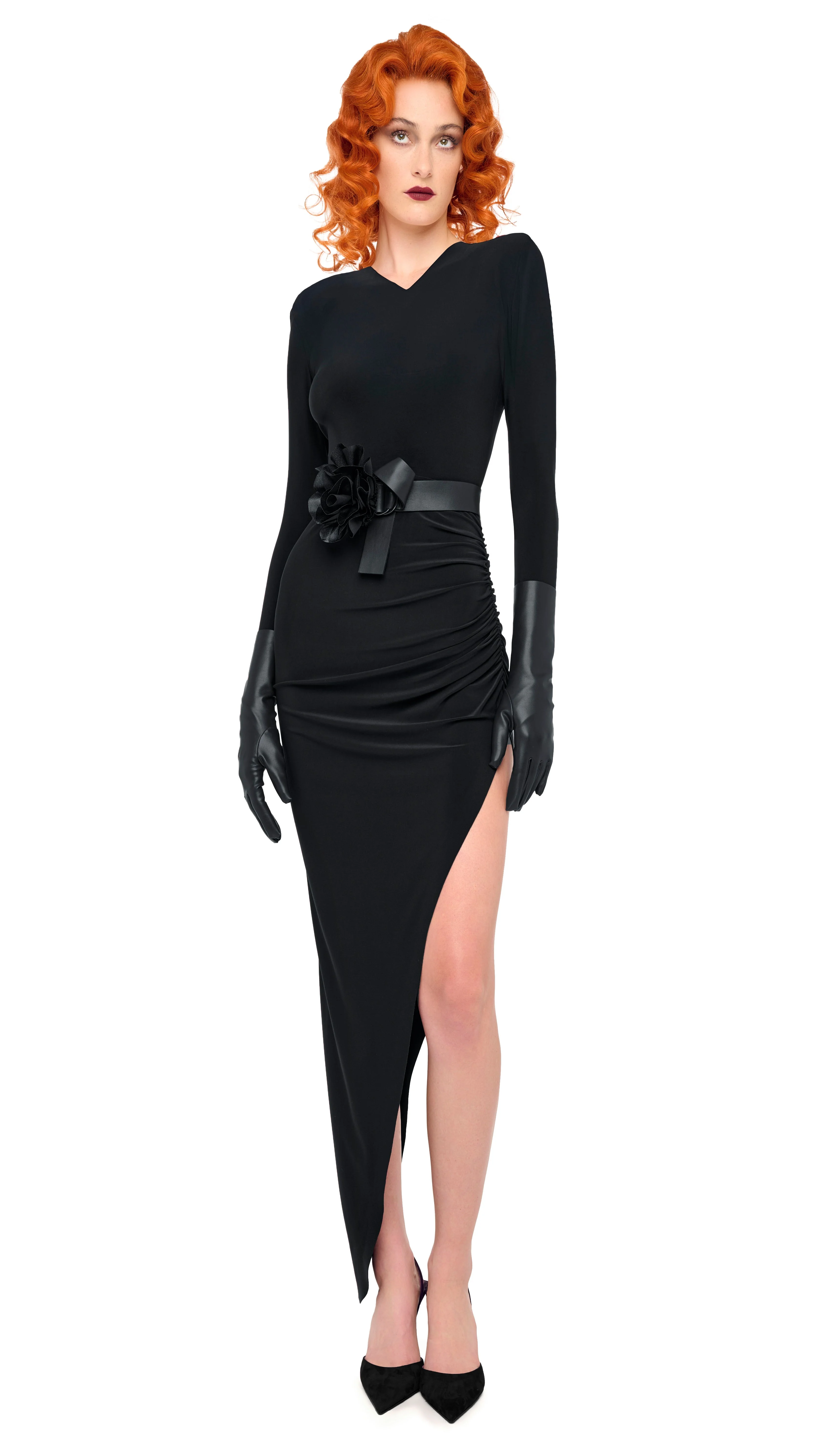 LS SHOULDER PAD V NECK SIDE DRAPE GOWN - 1