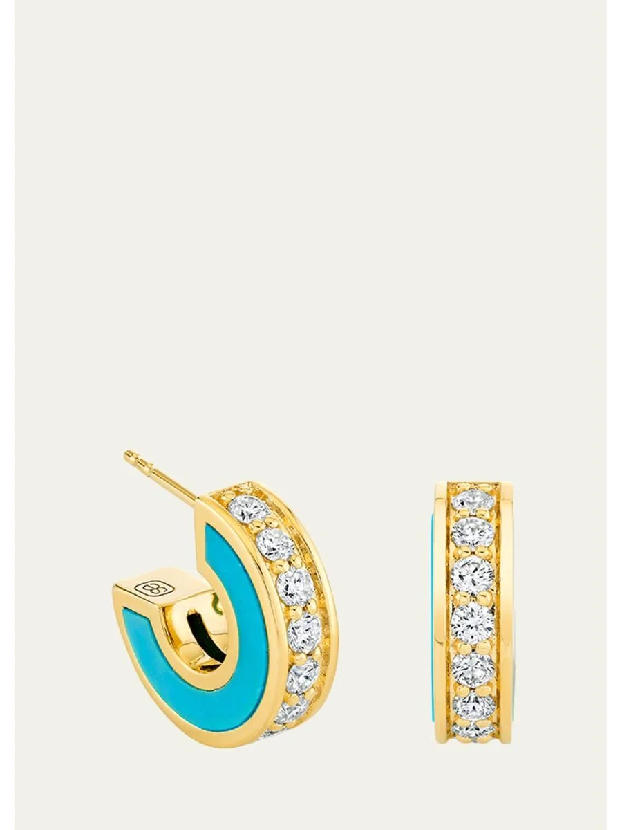 14K Yellow Gold Turquoise Stone Inlay Earrings with Diamonds - 1