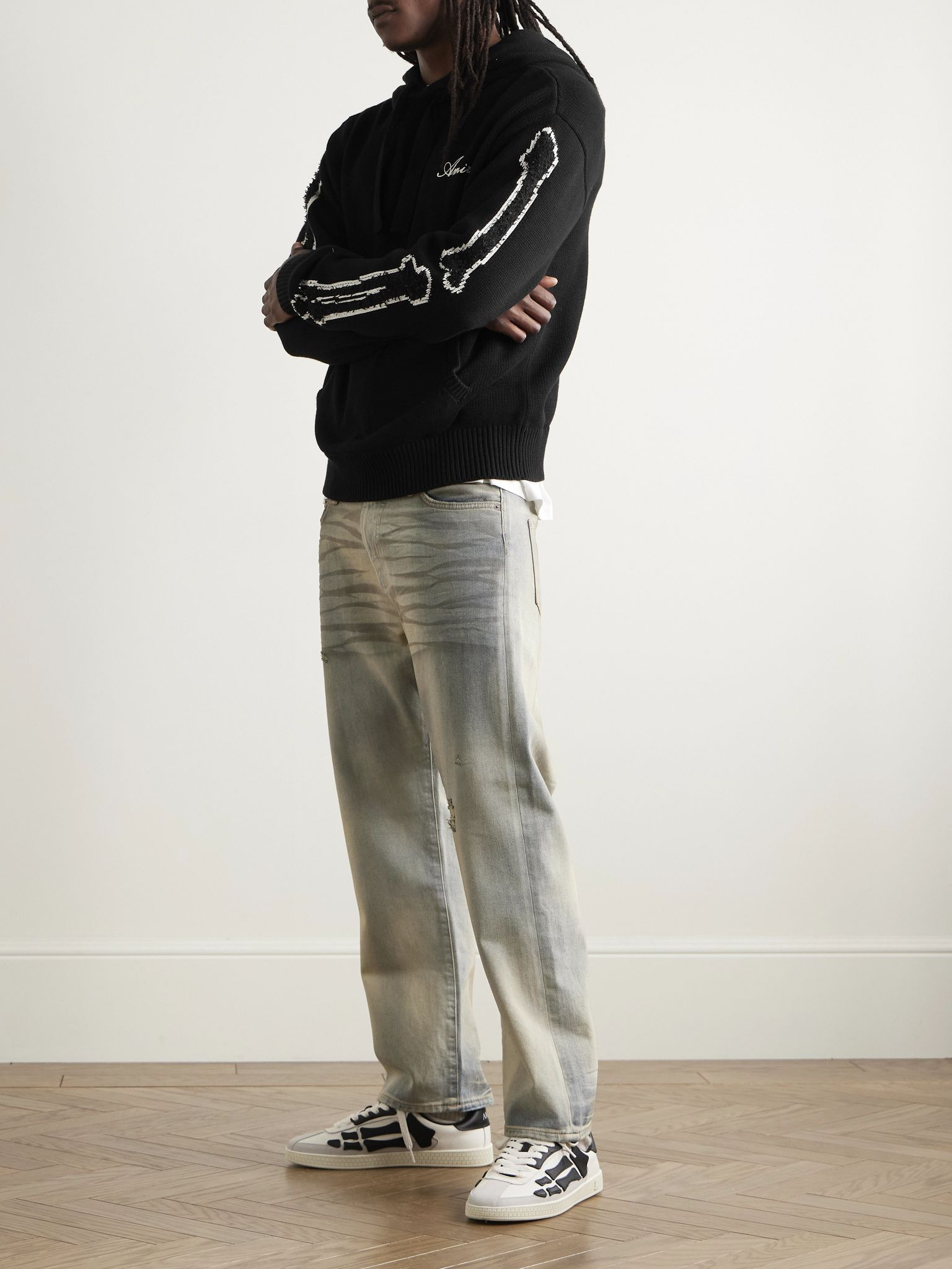 Bones Logo-Embroidered Intarsia-Knit Cotton-Blend Hoodie Black - 2