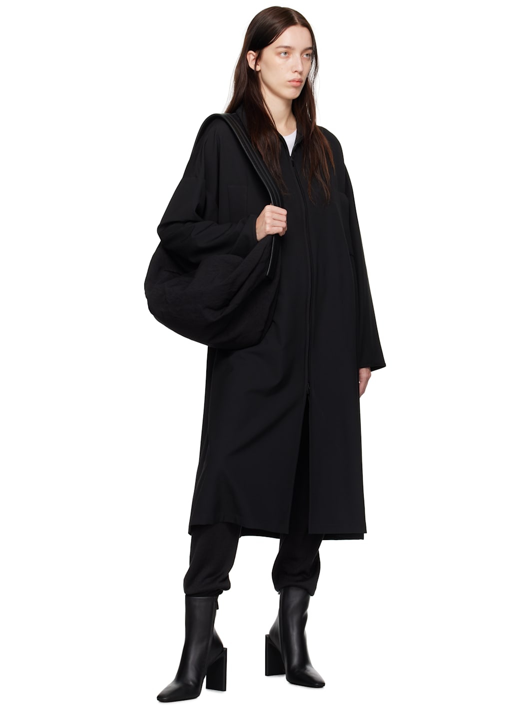 Black Wool High Neck Trench Coat - 4