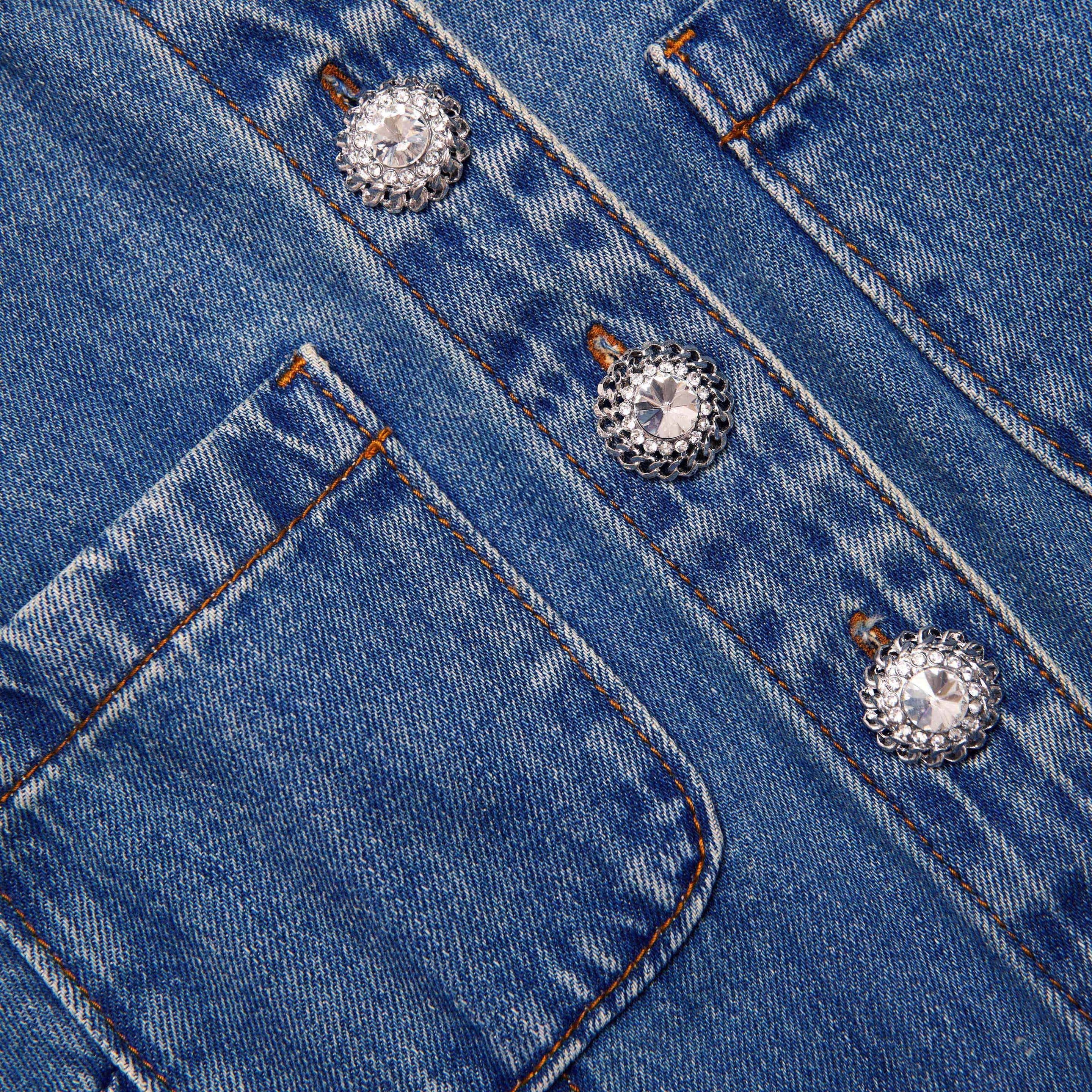 Denim Sleeveless Pearl Mini Dress - 5