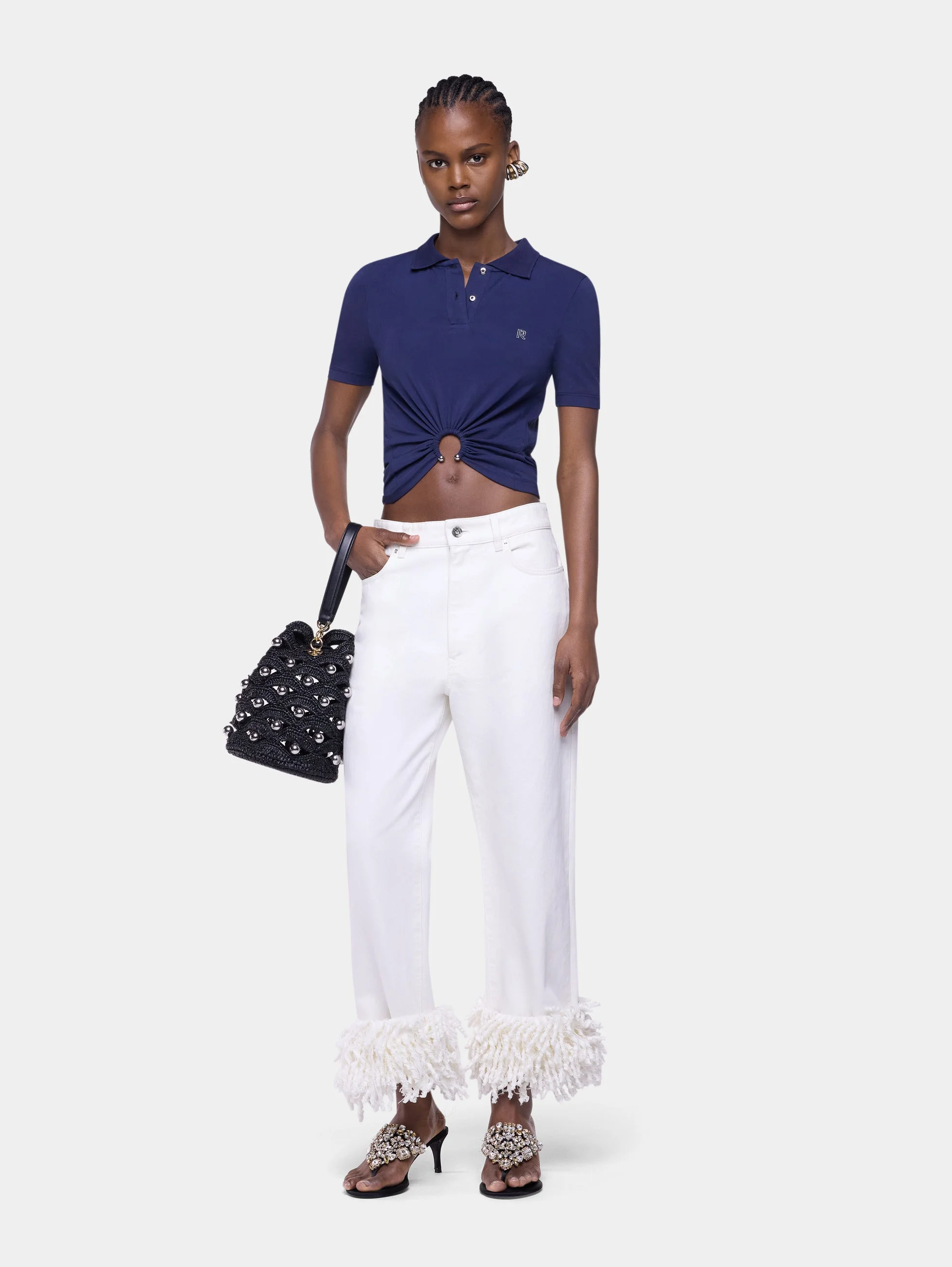 BAGGY JEANS IN WHITE DENIM WITH FRINGES - 1