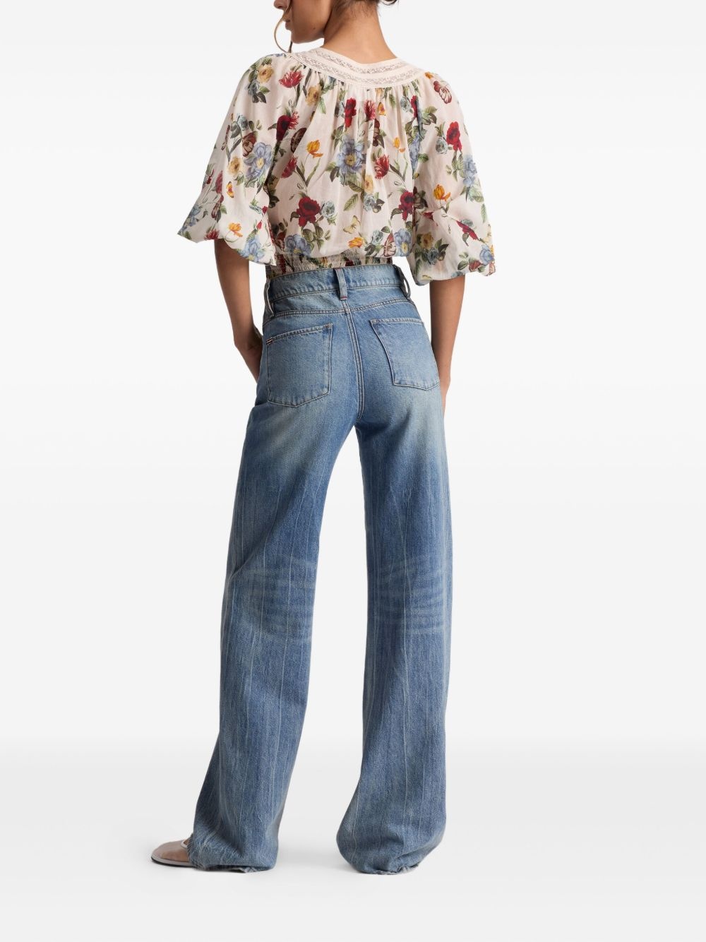 floral lace-trimmed blouse - 4