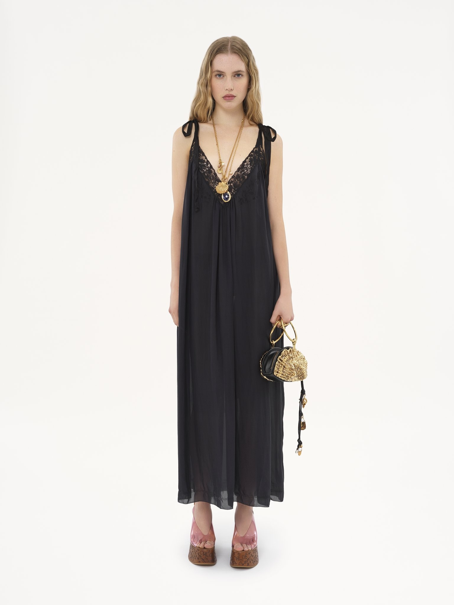 LONG SLIP DRESS IN SILK CHARMEUSE & LACE - 3