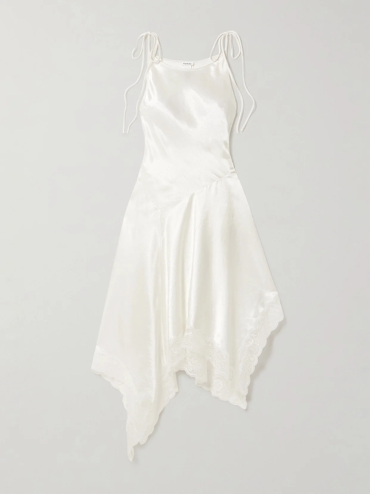 Doyla Belted Asymmetric Scalloped Lace-trimmed Hammered-satin Midi Dress - 1