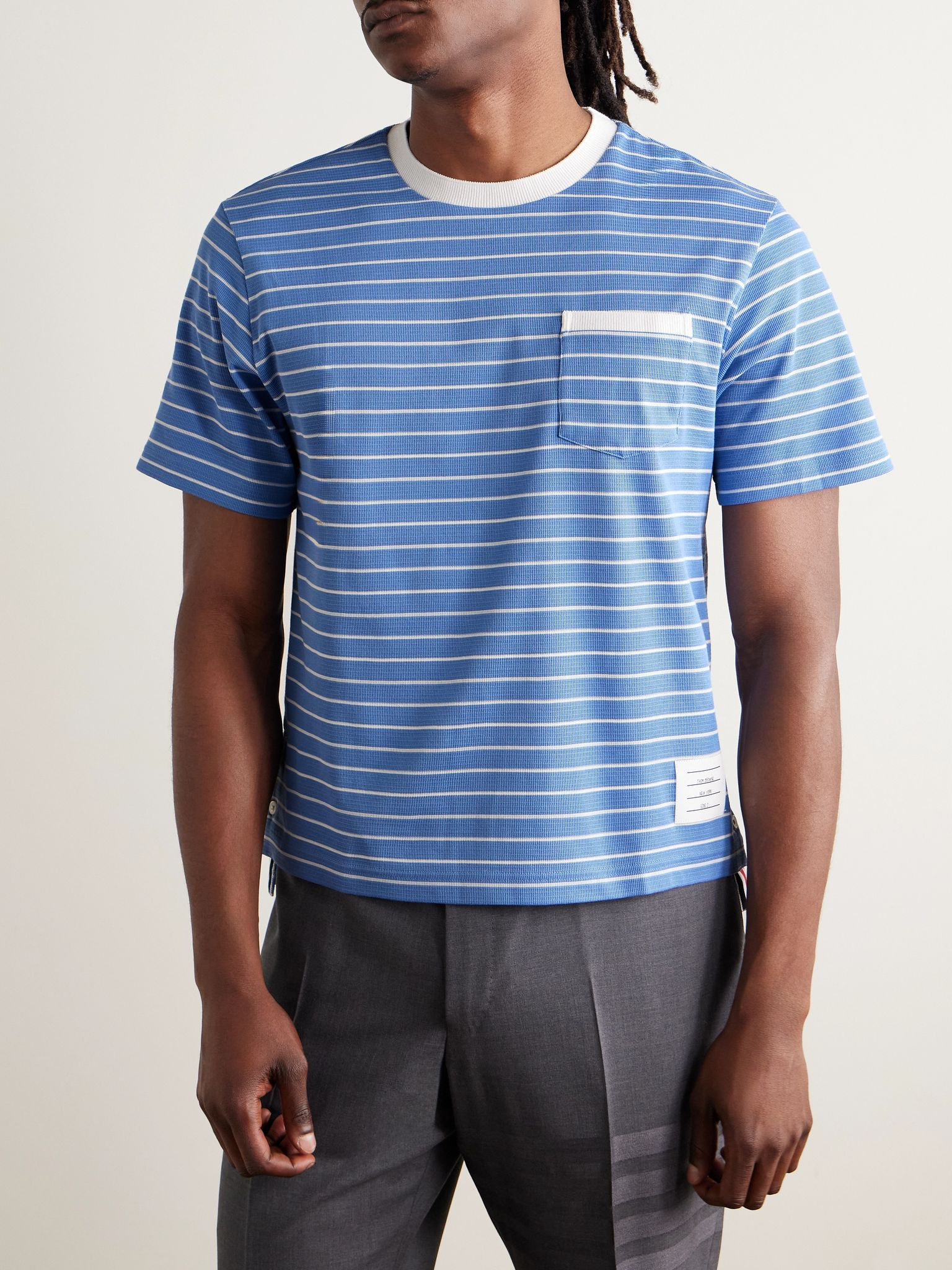 Logo-Appliquéd Striped Cotton-Jersey T-Shirt Blue - 3