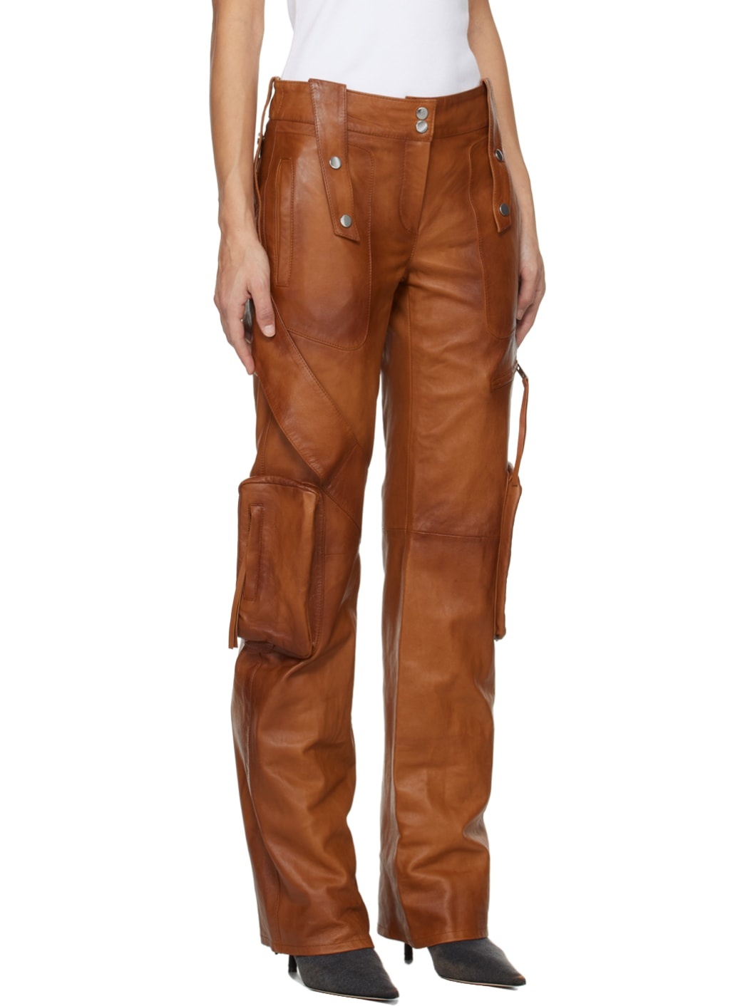 Brown Bellows Pocket Leather Pants - 2