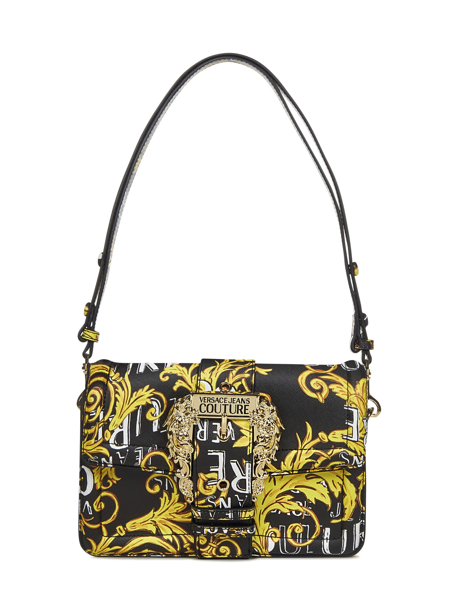 VERSACE JEANS COUTURE Shoulder bag in black faux leather with allover Couture logo print and