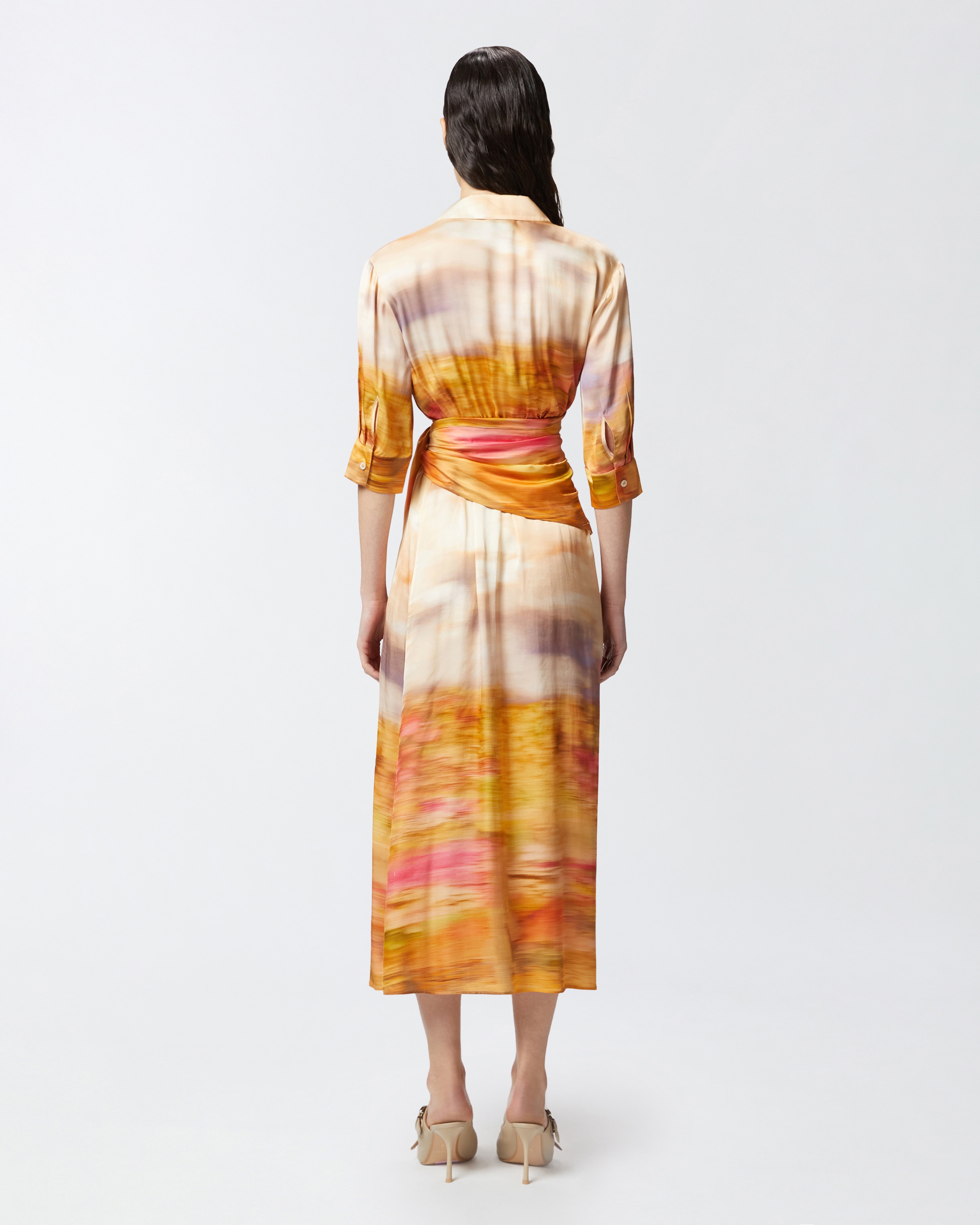 PRINTED SATIN DRESS WITH V-NECK - 4