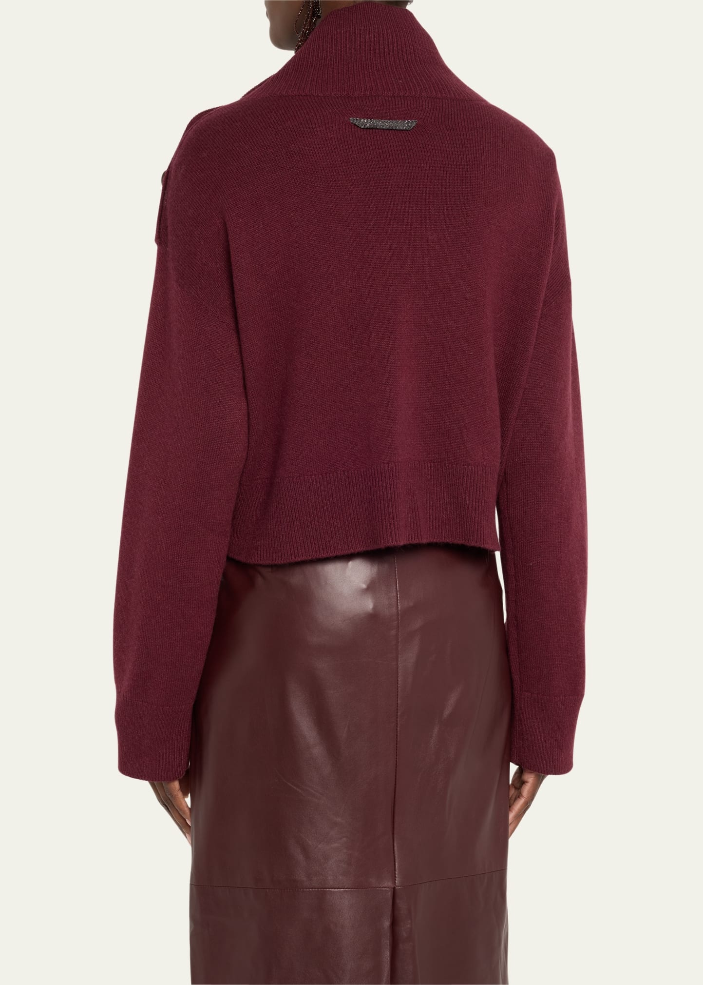 Turtleneck Button-Shoulder Cashmere Crop Sweater - 3