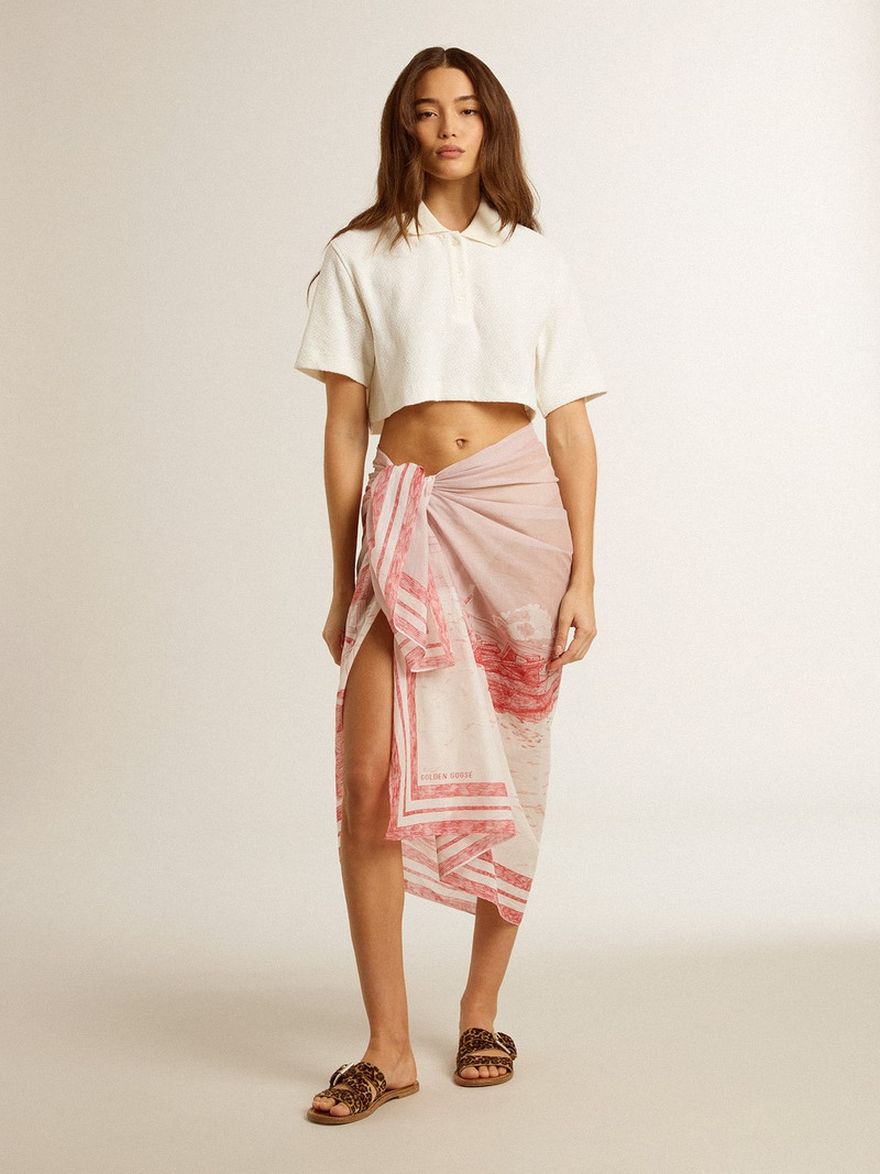 Sarong in cotton voile with all-over cream and red print 3