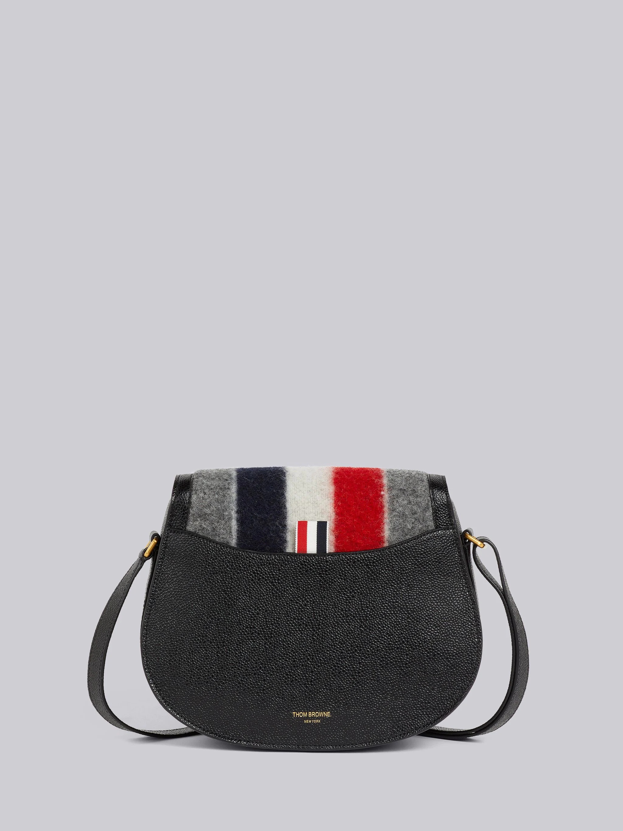 Medium Grey Boiled Wool Leather Frame Stripe Enamel Lock Shoulder Bag - 4