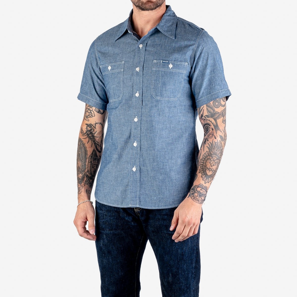 IHSH-285-IND 5.5oz Selvedge Chambray Short Sleeved Work Shirt - Indigo - 2
