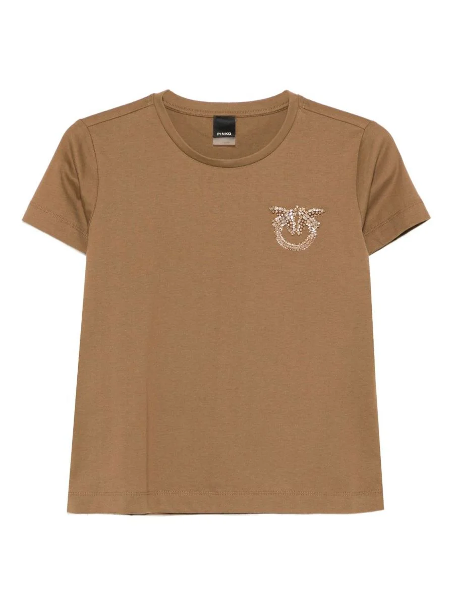 Pinko Brown Cotton Crew-Neck 'Nambrone' T-Shirt With Logo - 1