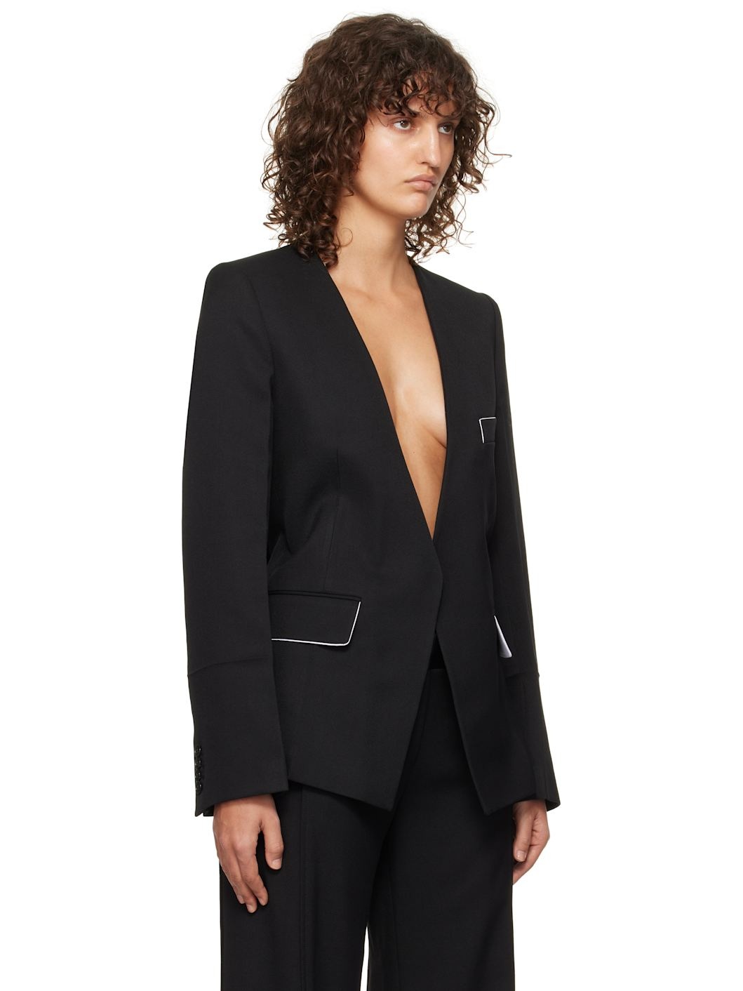 Black Shrunken Collarless Blazer - 2