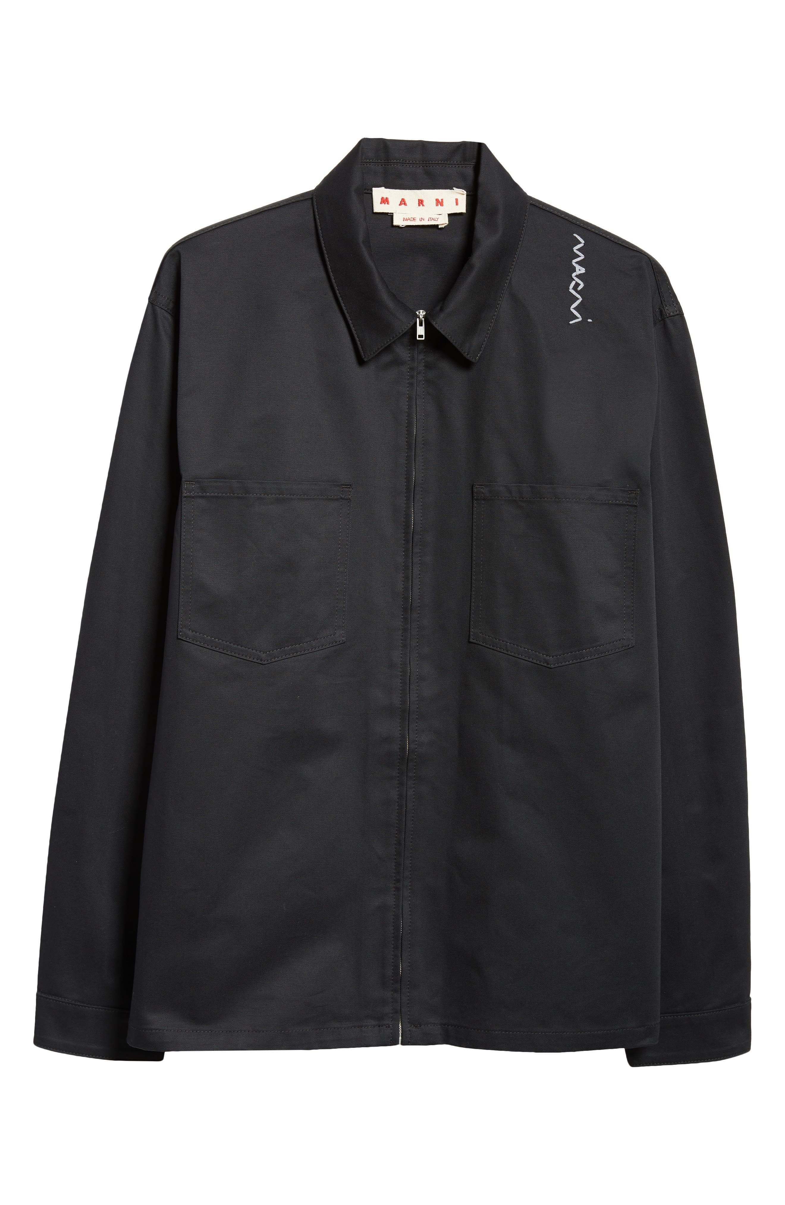 Marni Logo Embroidered Cotton Gabardine Shirt Jacket in Black at Nordstrom - 6
