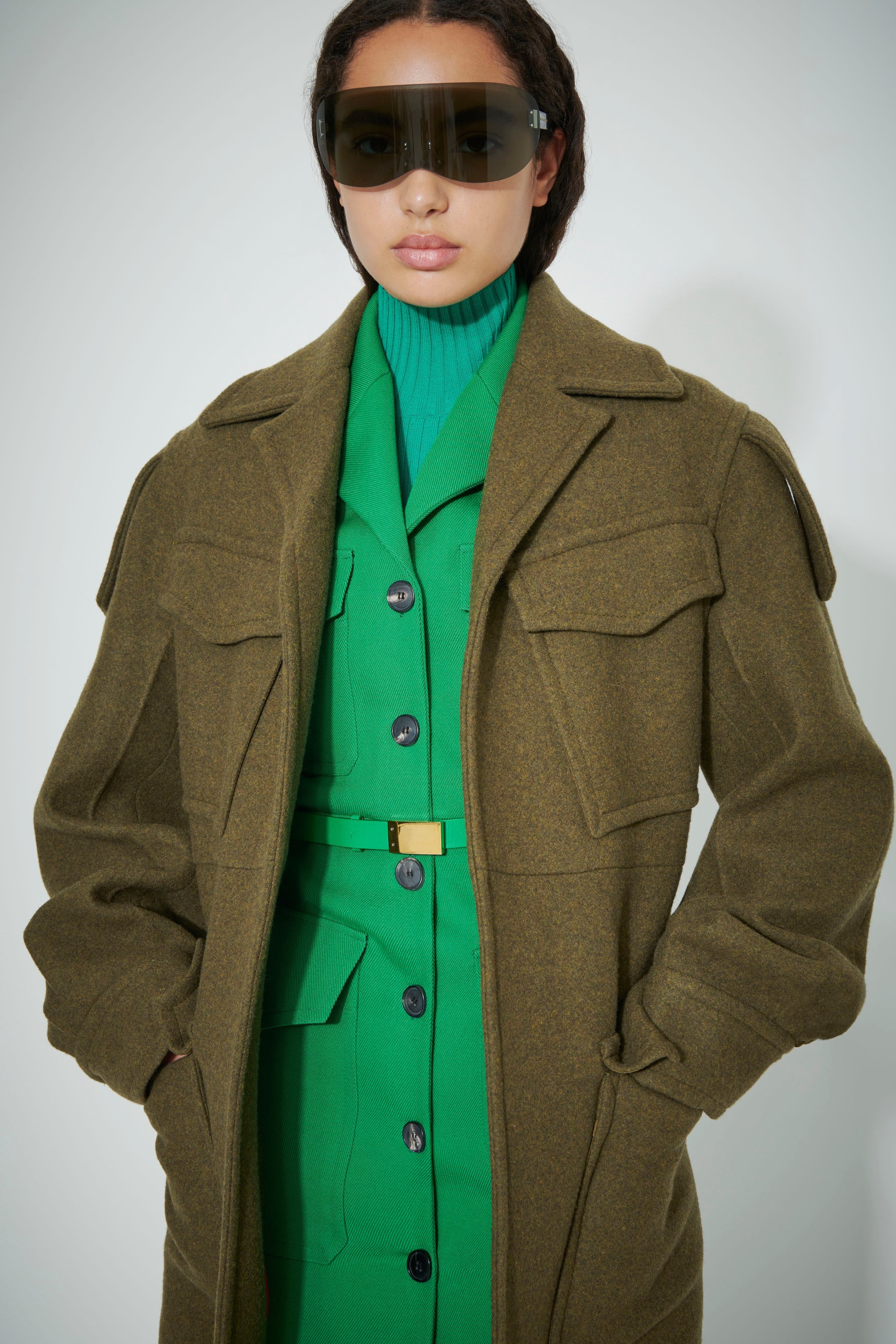 Utility Pocket Coat in Khaki Green Melange - 3