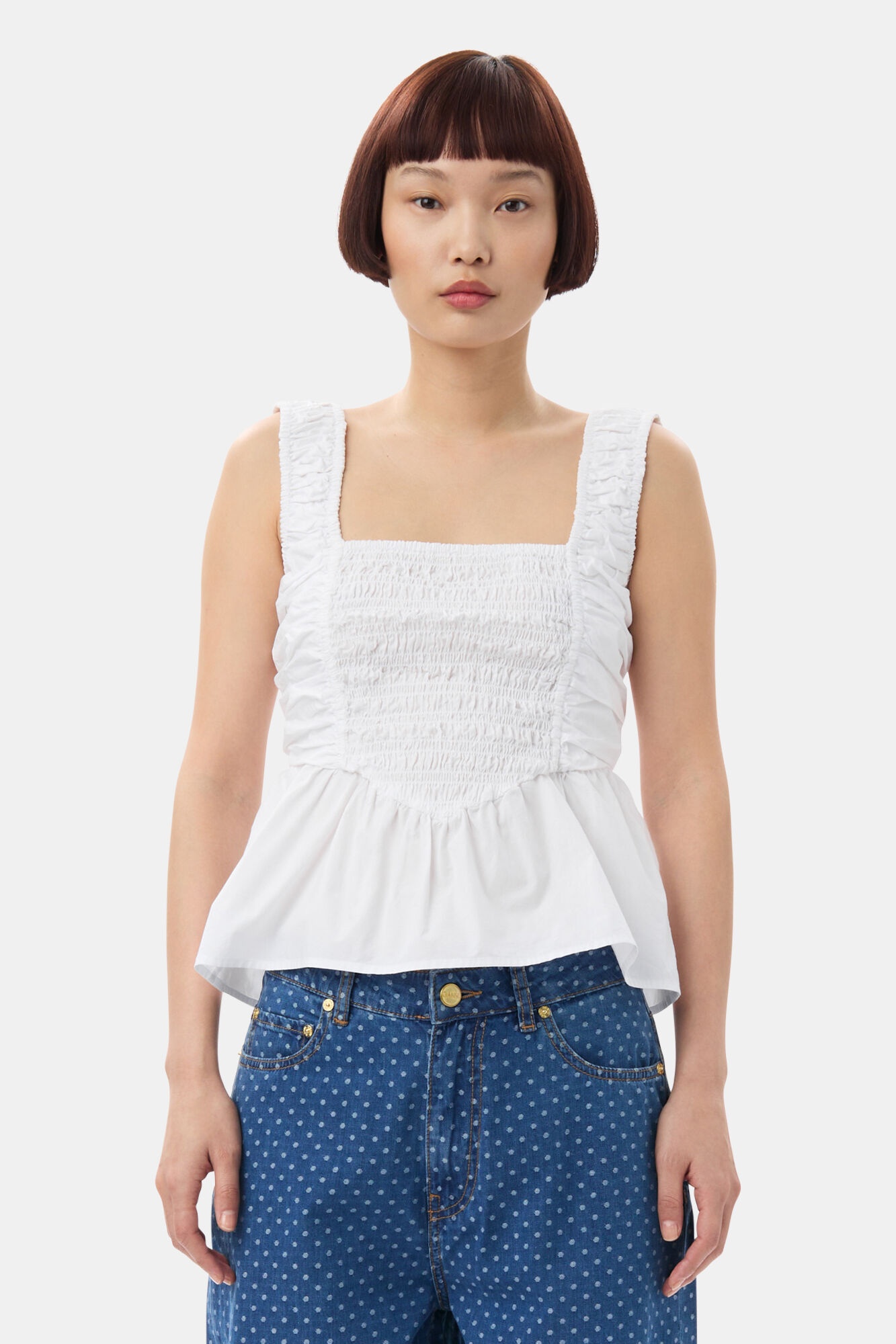 WHITE COTTON POPLIN SMOCK STRAP TOP - 2