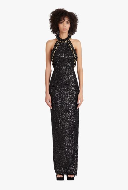 Long black and gold sequined embroidered dress - 4