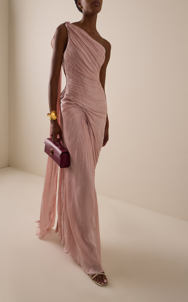 MARMAR HALIM Exclusive One-Shoulder Draped Hand-Pleated Silk Roseya Gown pink outlook