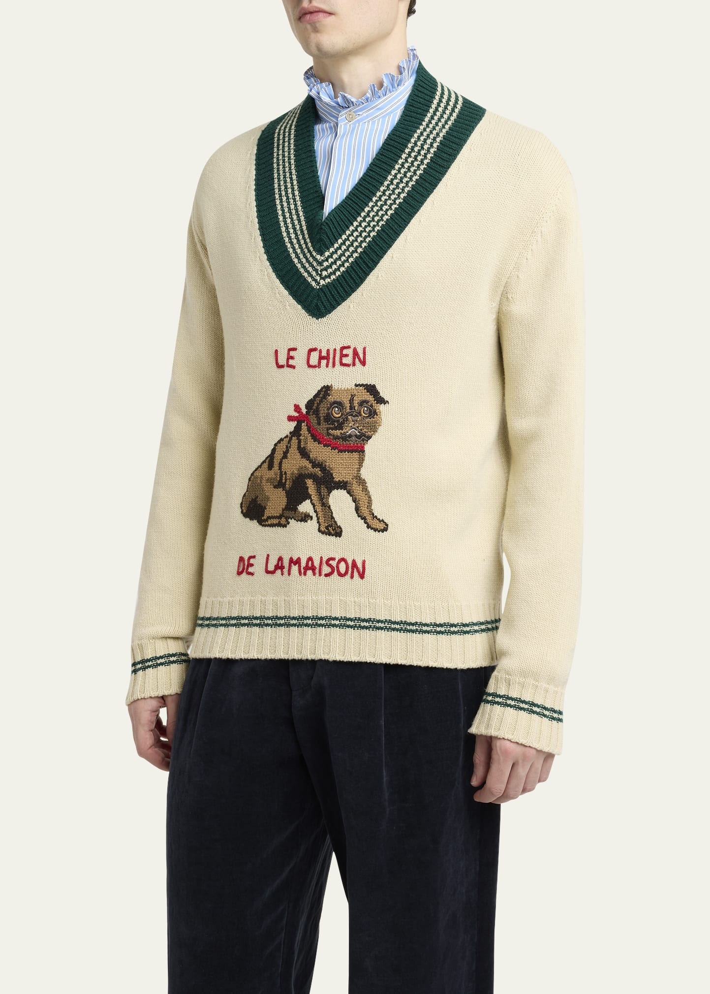 Men's Wool Le Chien De La Maison Jacquard V-Neck Sweater - 4