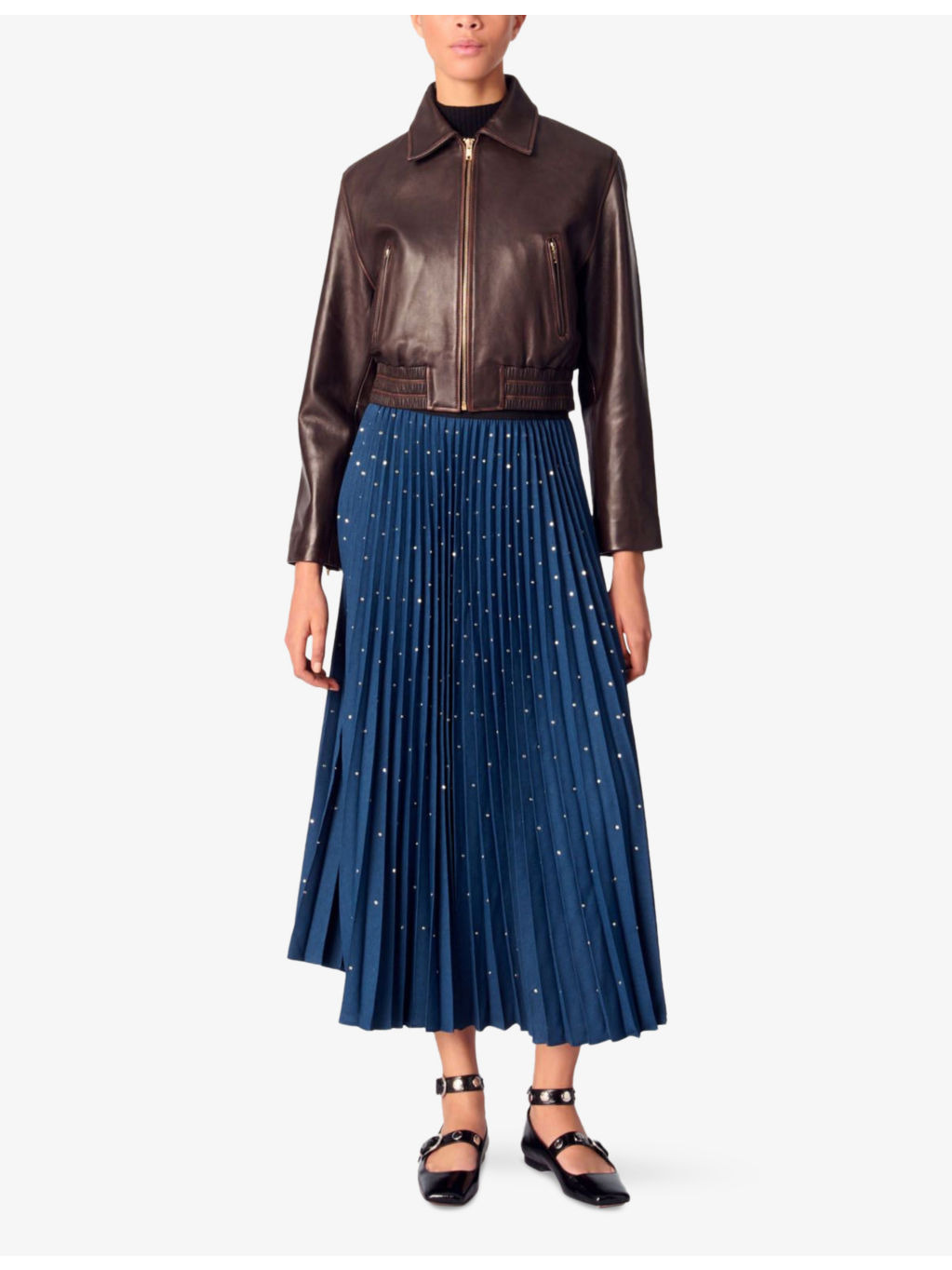 Stud-Embellished Pleated Woven Midi Skirt - 2