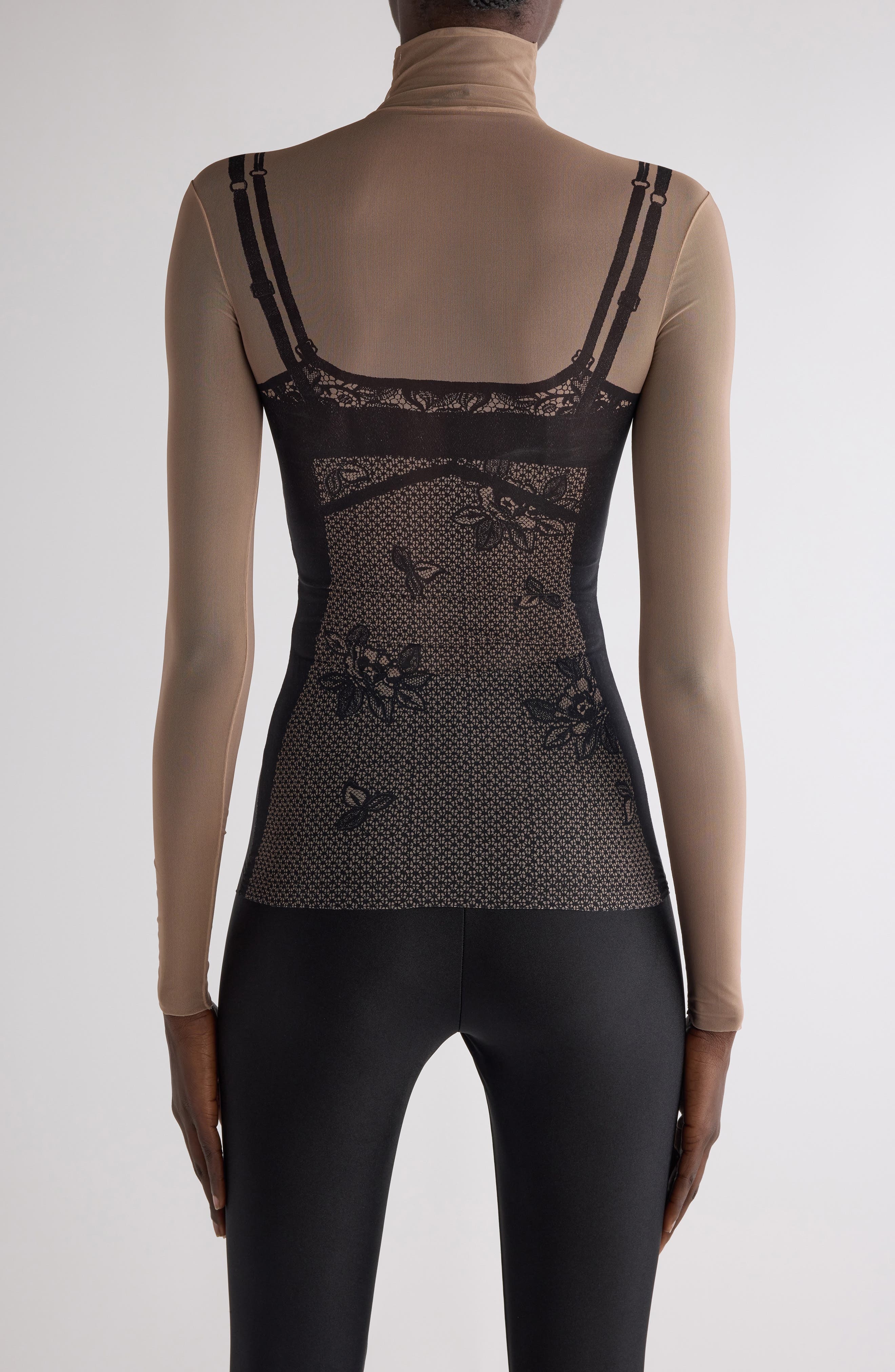 Balenciaga Trompe l'Oeil Lingerie Mesh Top in Black/Light Beige at Nordstrom - 2