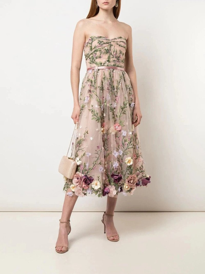 STRAPLESS 3D FLORAL EMBROIDERED TEA-LENGTH MIDI DRESS 1