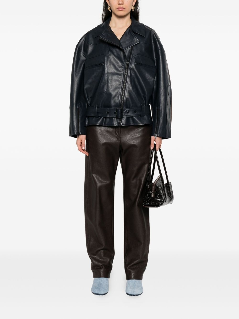 belted stripe-detail biker jacket - 2