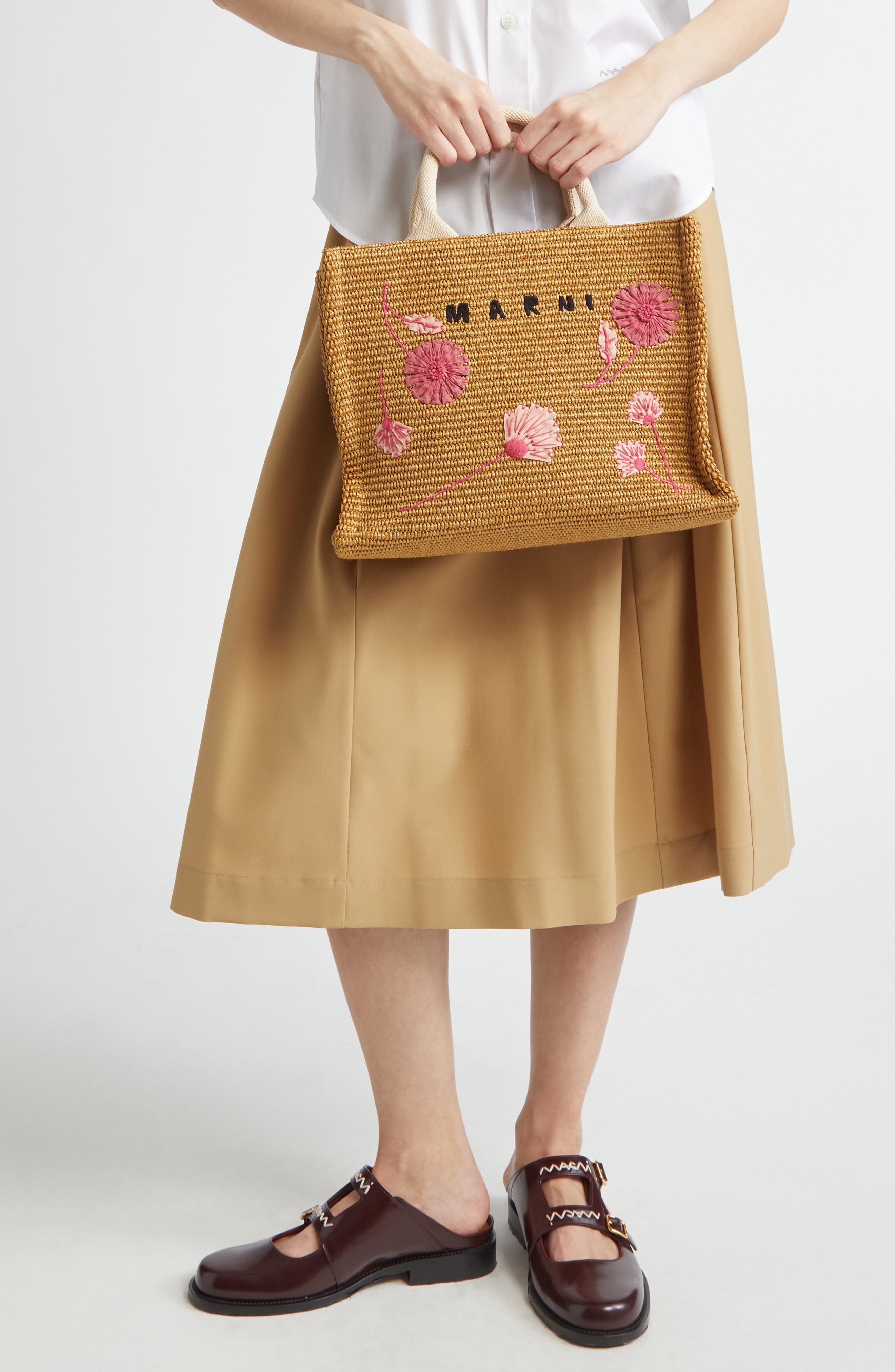 Marni Small Floral Embroidered Logo Raffia Tote in 278 - 3