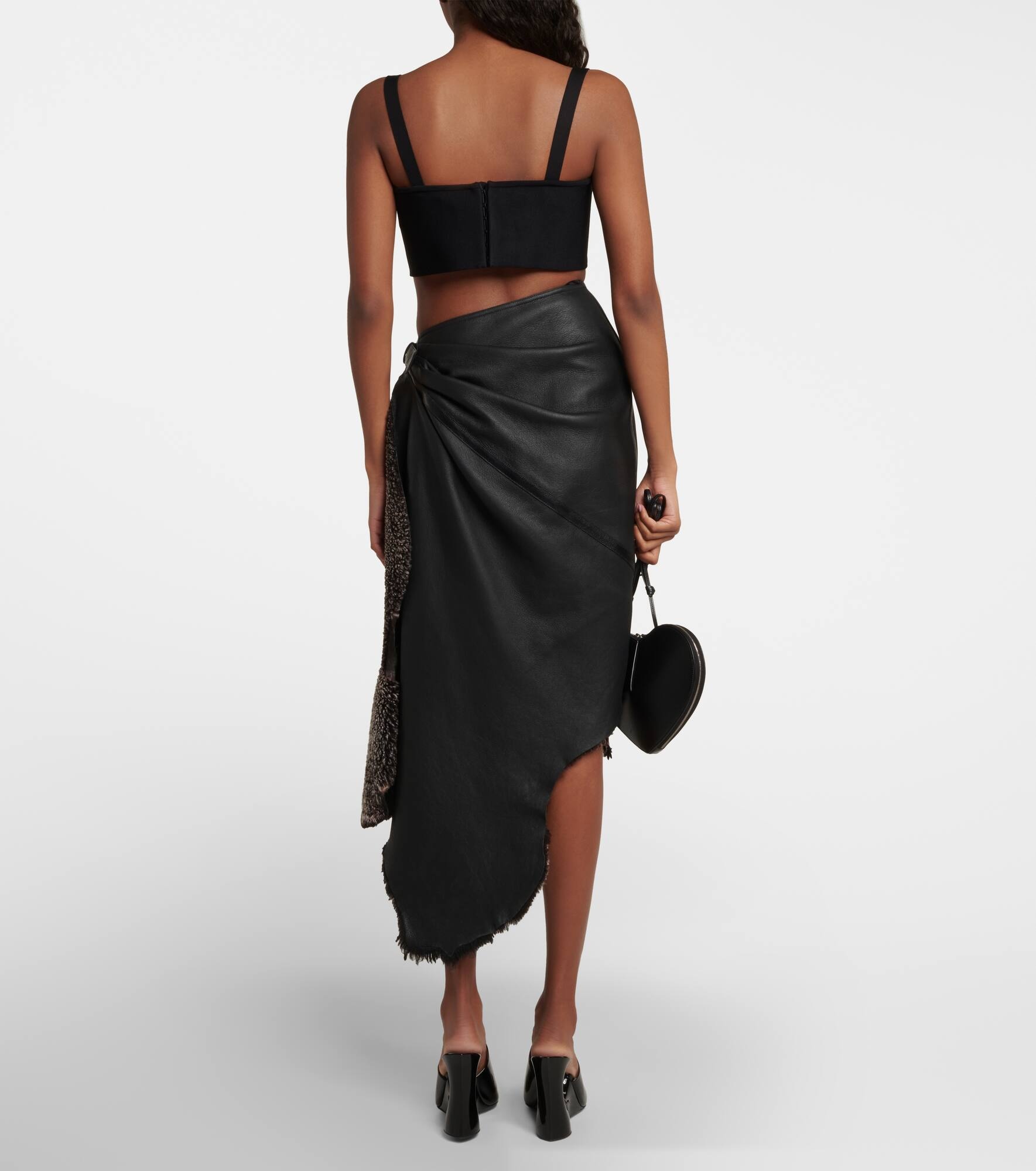 Draped high-rise leather and shearling midi skirt - 3