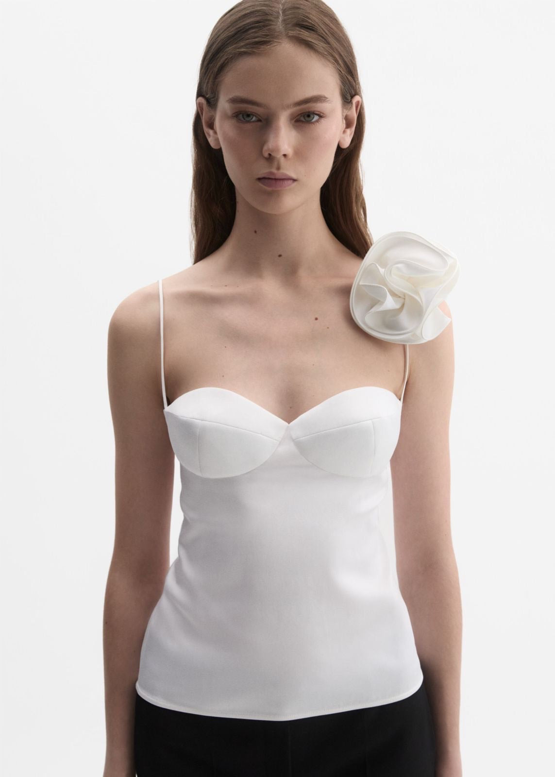 Flower appliqué silk tank in white - 3