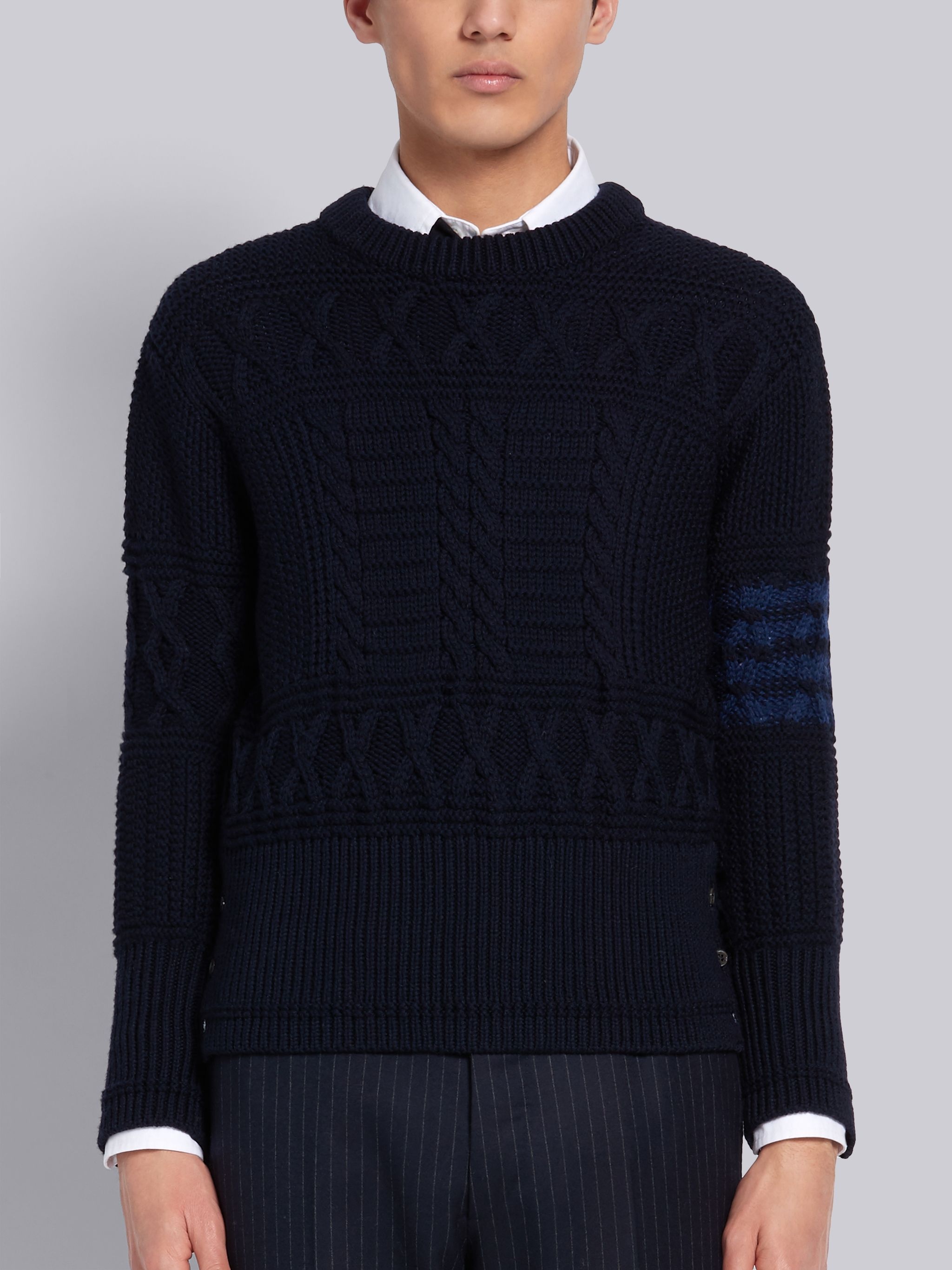 Navy Fine Merino Wool Aran Cable Tonal 4-Bar Crewneck Pullover - 1