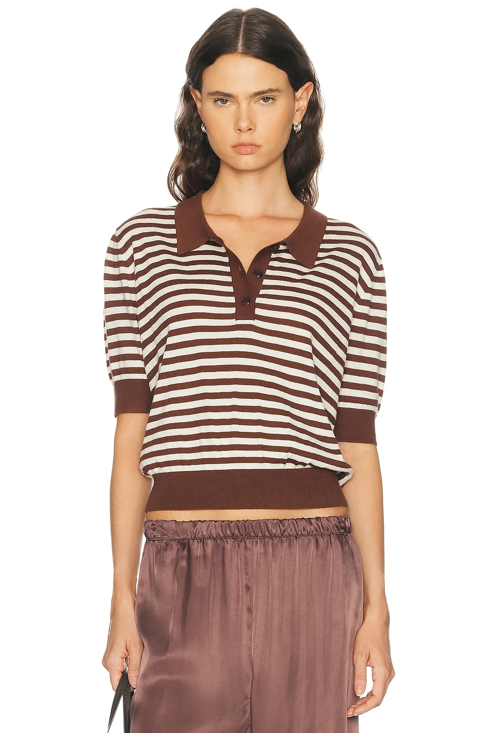 Silk Cashmere Stripe Knit Polo Top - 1