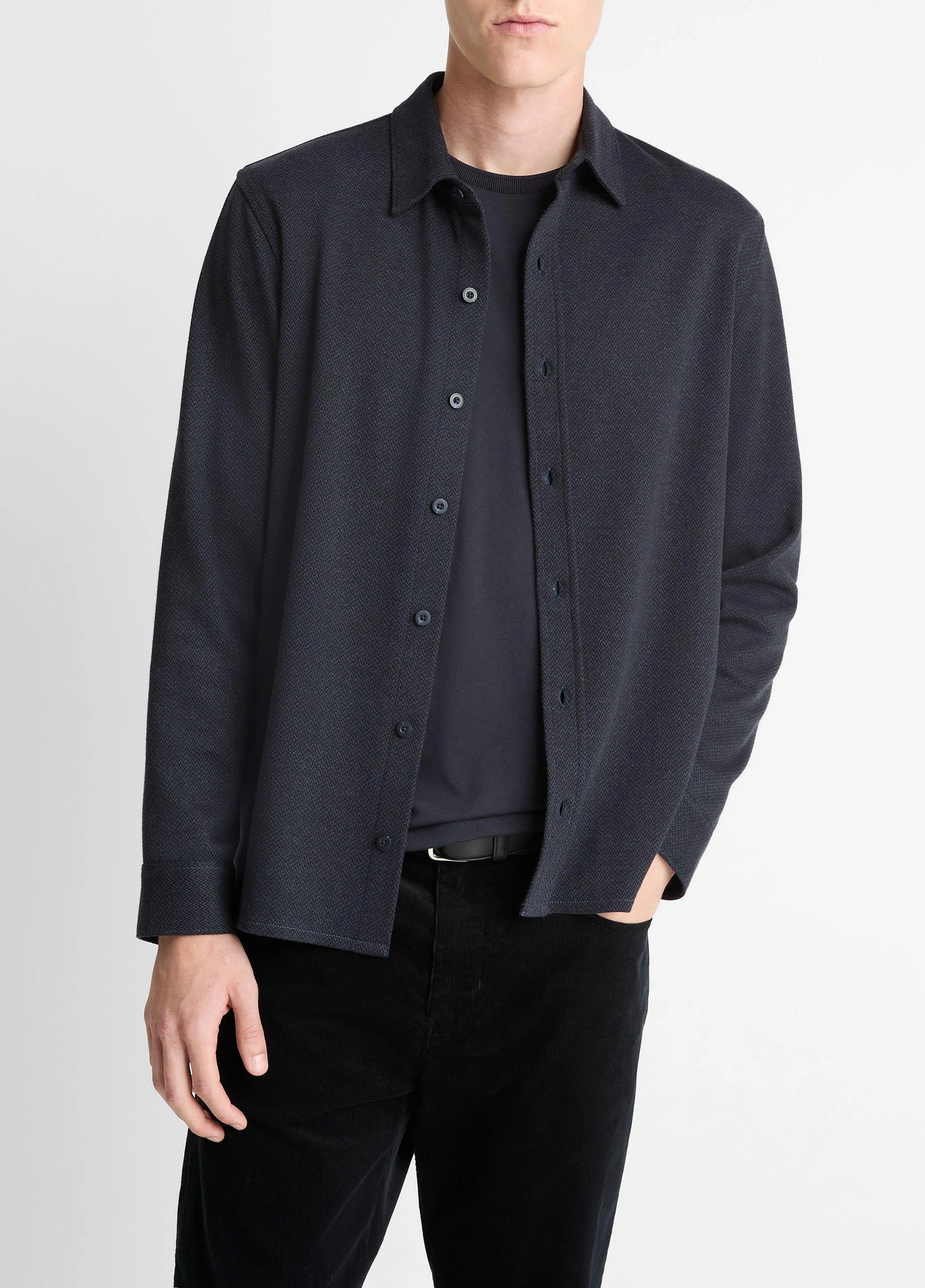 Herringbone Cotton-Blend Button-Front Shirt - 1